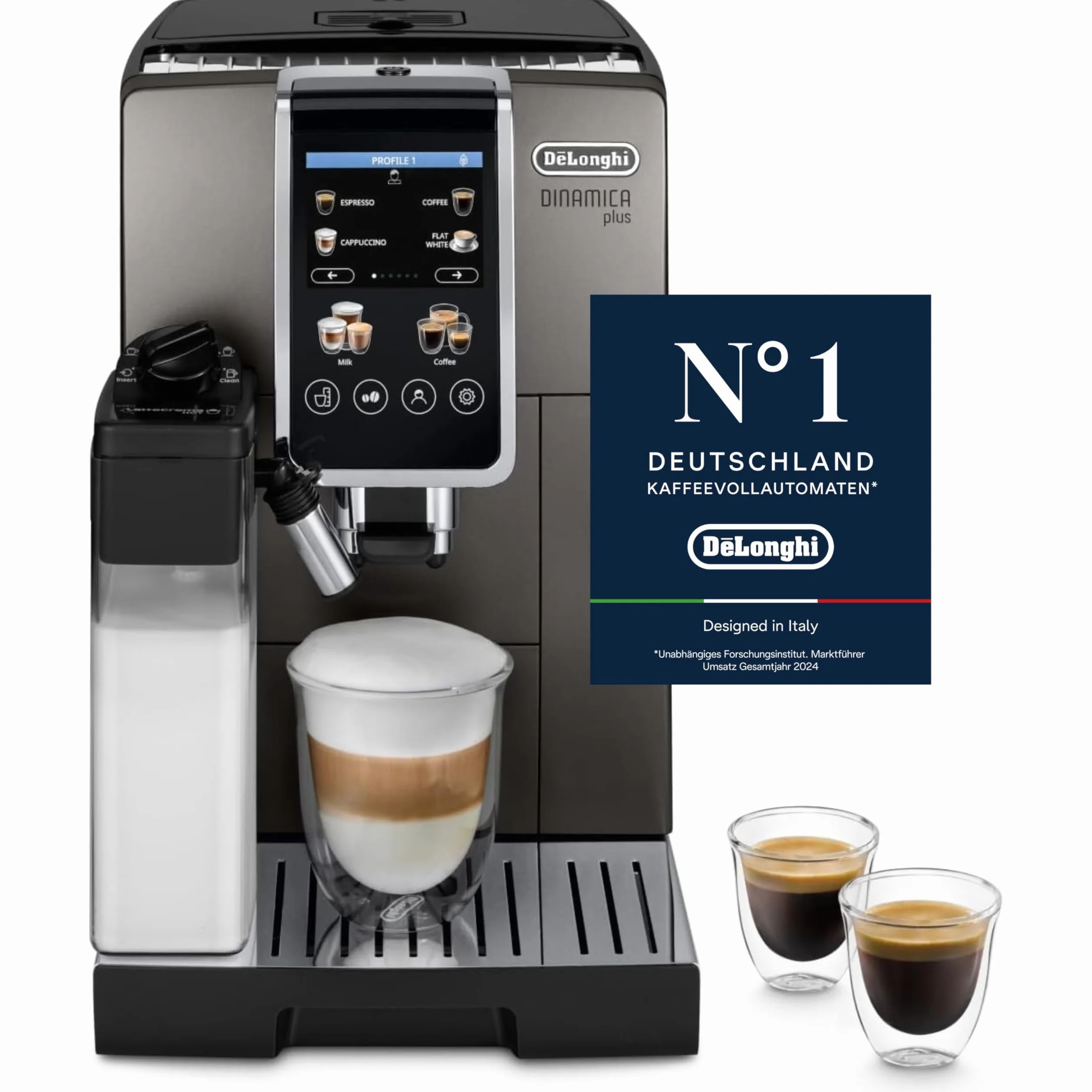 De'Longhi Dinamica Plus ECAM380.95.TB automatyczny ekspres do kawy z systemem mlecznym LatteCrema One-Touch Cappuccino z 24 przepisami, kolorowy wyświetlacz TFT o przekątnej 3,5 cala, 1450 W,