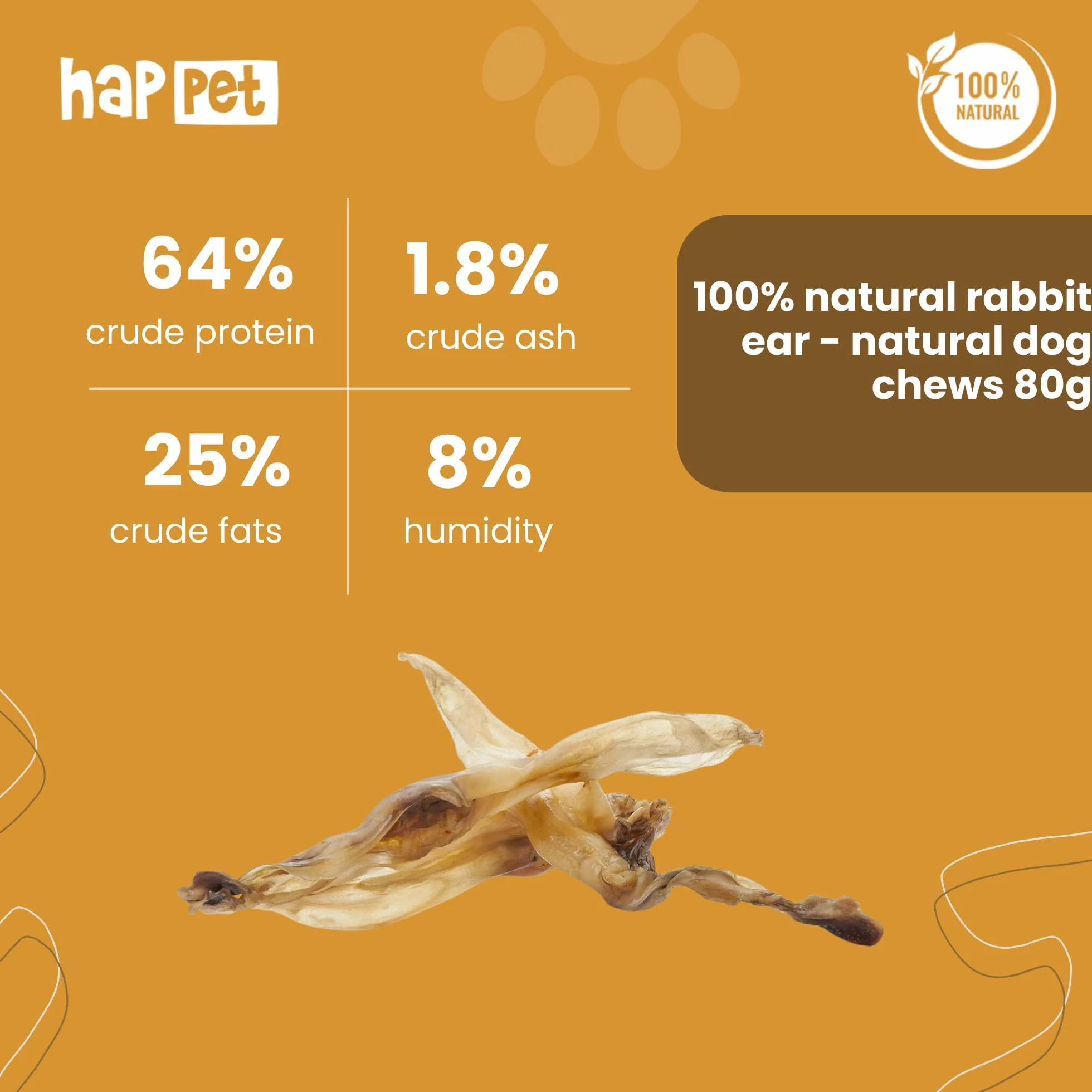 HAPPET 100% Naturalne uszy królicze dla psów – Jednoskładnikowe przysmaki proteinowe – Niskotłuszczowe, łatwostrawne przysmaki dla psów – Bez dodatków i konserwantów – Zdrowa naturalna przekąska 80 g