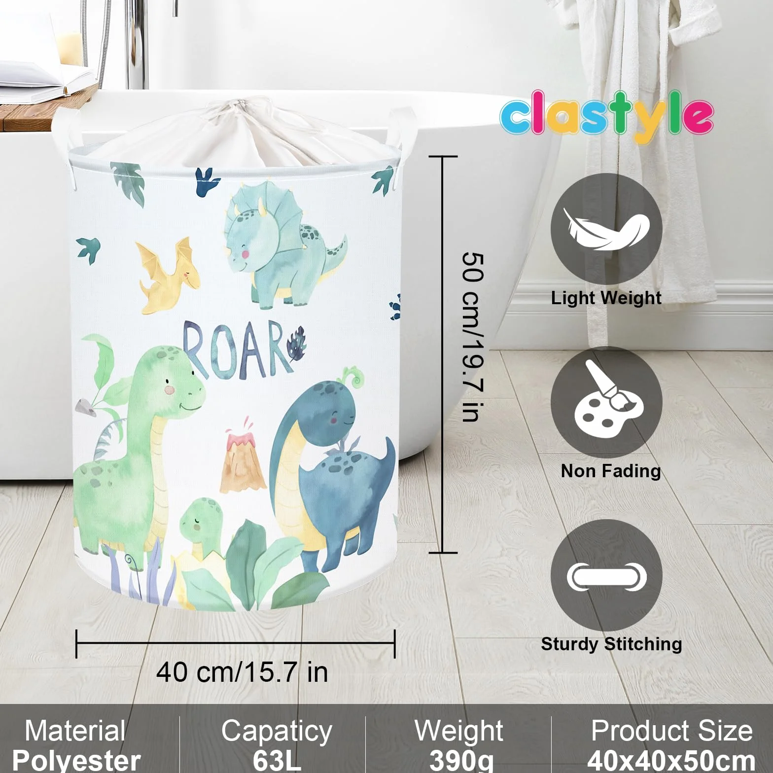 Clastyle 63L kosz na pranie zwierzęta dinozaury liście zielony dla chłopców dziewczyna pojemnik gry dla dzieci duży okrągły składany do sypialni, 40x50 cm