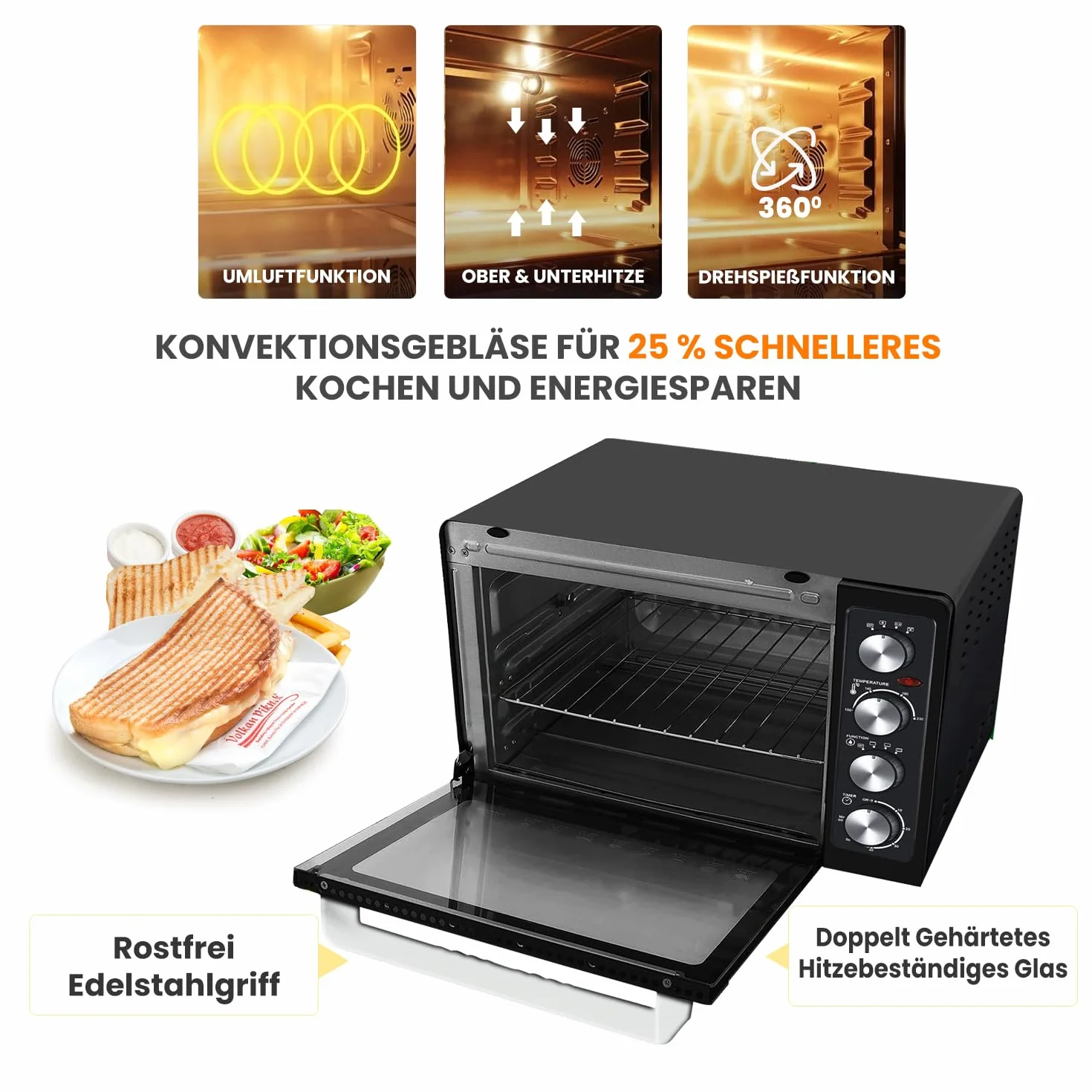 KB-Elements Mini piekarnik, 45 l, 2000 W, konwekcyjny piec do pizzy, elektryczny wiszący grill, kempingowy rożen obrotowy