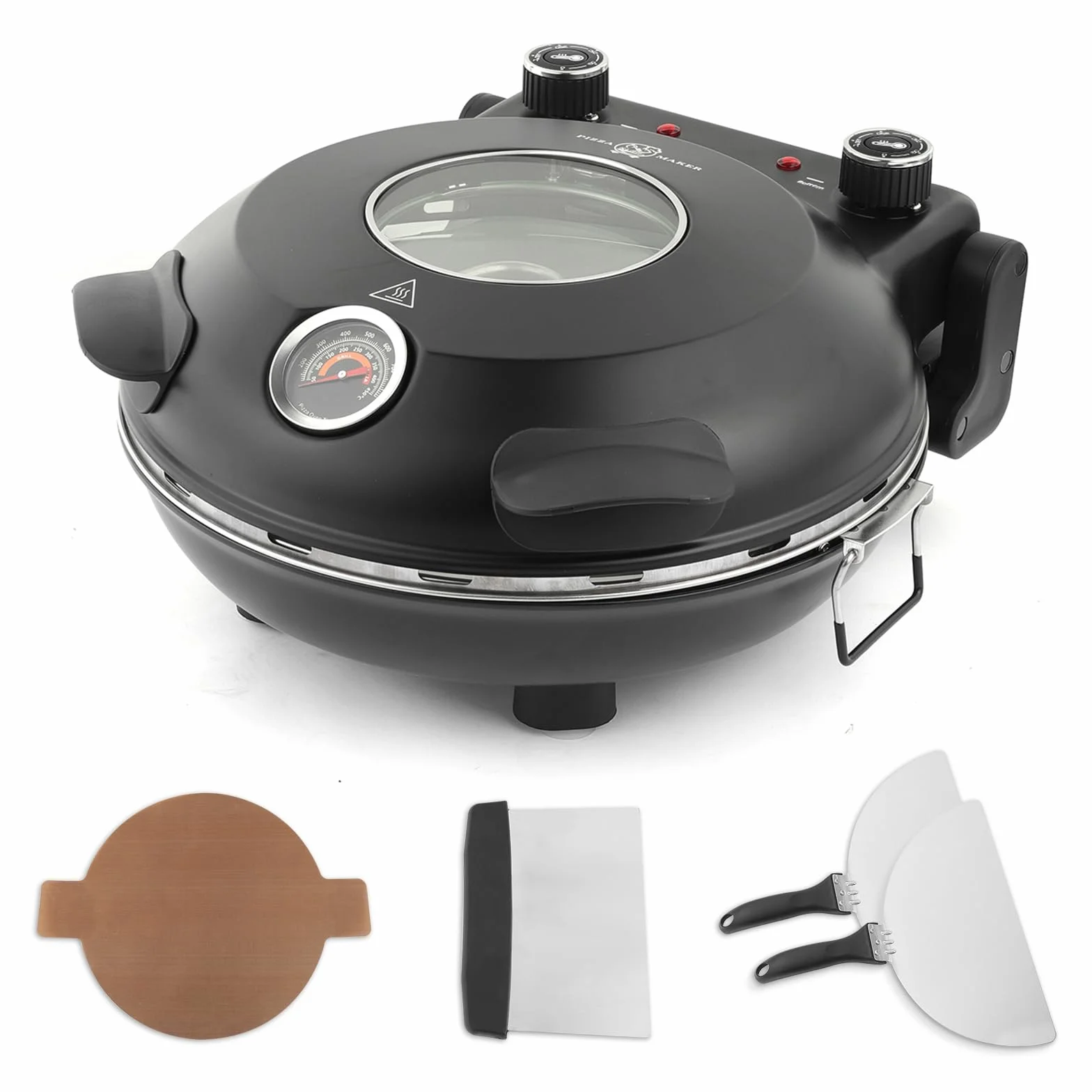 KLAIF Piec elektryczny do pizzy do blatu roboczego z kamieniem ceramicznym 31 cm, dwiema regulowanymi regulatorami temperatury, w zestawie 4 narzędzia do pizzy, LMR-czarny