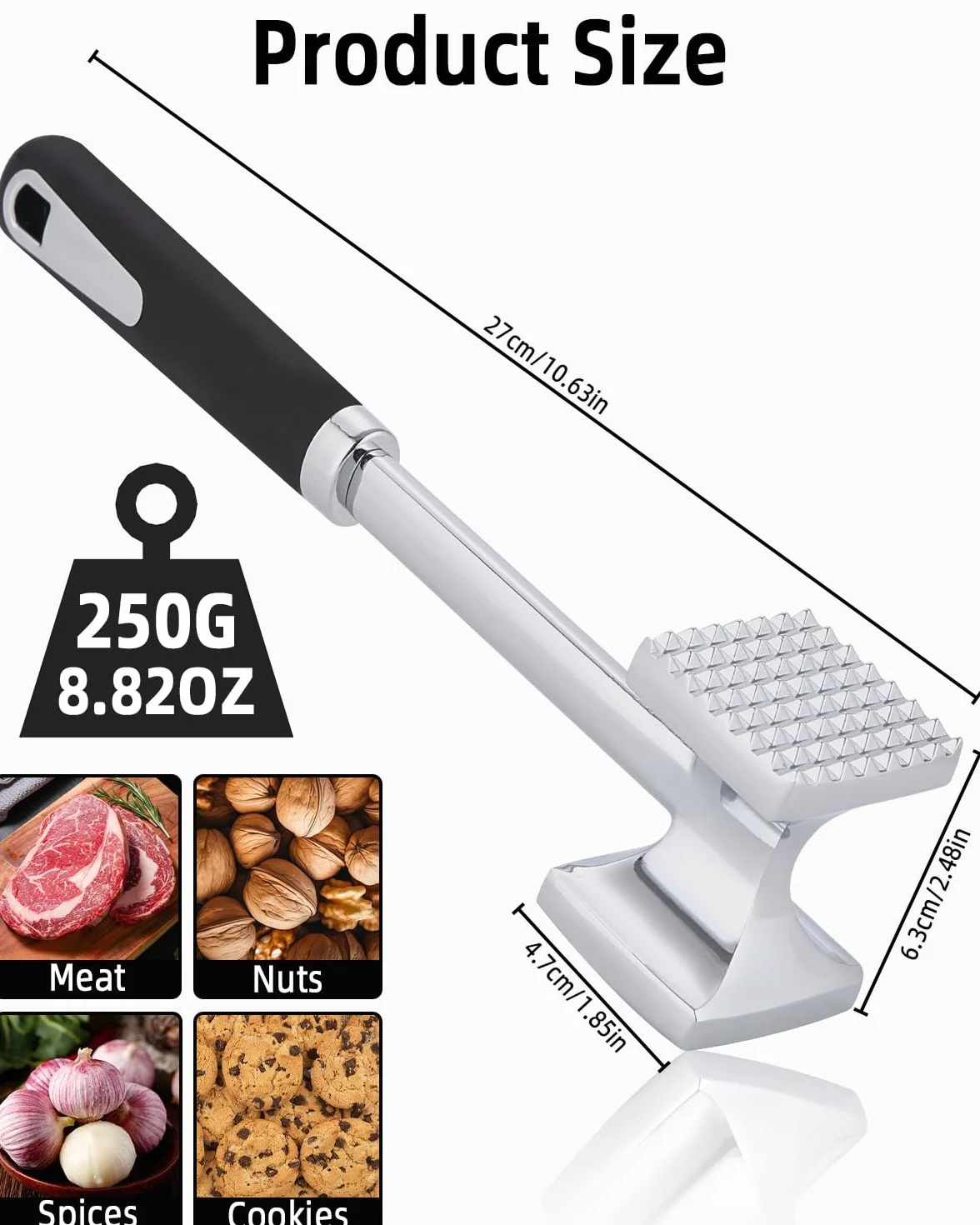 Młotek do mięsa Tłuczek do mięsa ze stali nierdzewnej 27 cm Dwustronny Tłuczek do mięsa z powłoką przeciw przywierania Młotek do mięsa do stek, kotletów, żeber wieprzowych, kurczaka