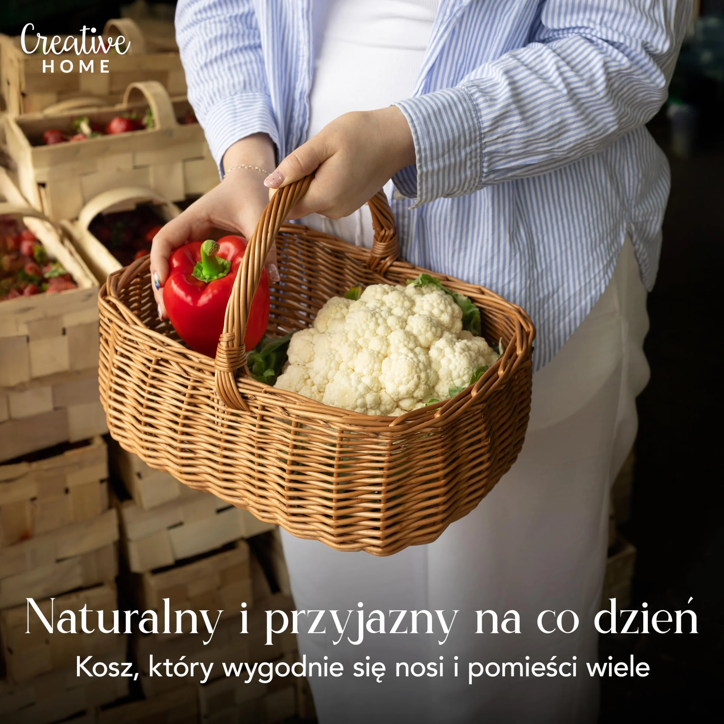 Creative Home Kosz Wiklinowy Piknikowy z Rączką | 36 x 27 x 32 cm (+/- 2 cm) | Duży i Lekki | Ręcznie Wyplatany | Naturalny Brąz | Uniwersalny i Wytrzymały