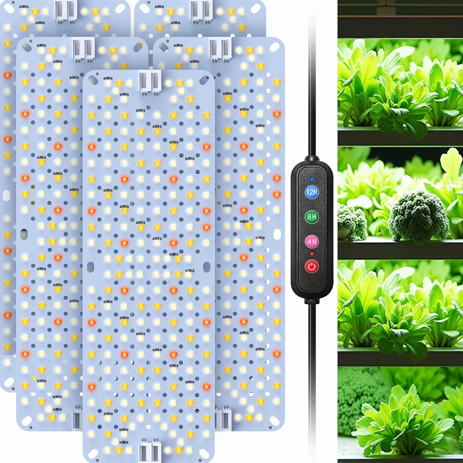 Zestaw 5 lamp LED do roślin, 60 W, 960 diod LED, pełne spektrum światła do roślin pokojowych, panel roślin z funkcją Daisy-Chain, timer 4/8/12h, lampa do uprawy roślin i kwiatów