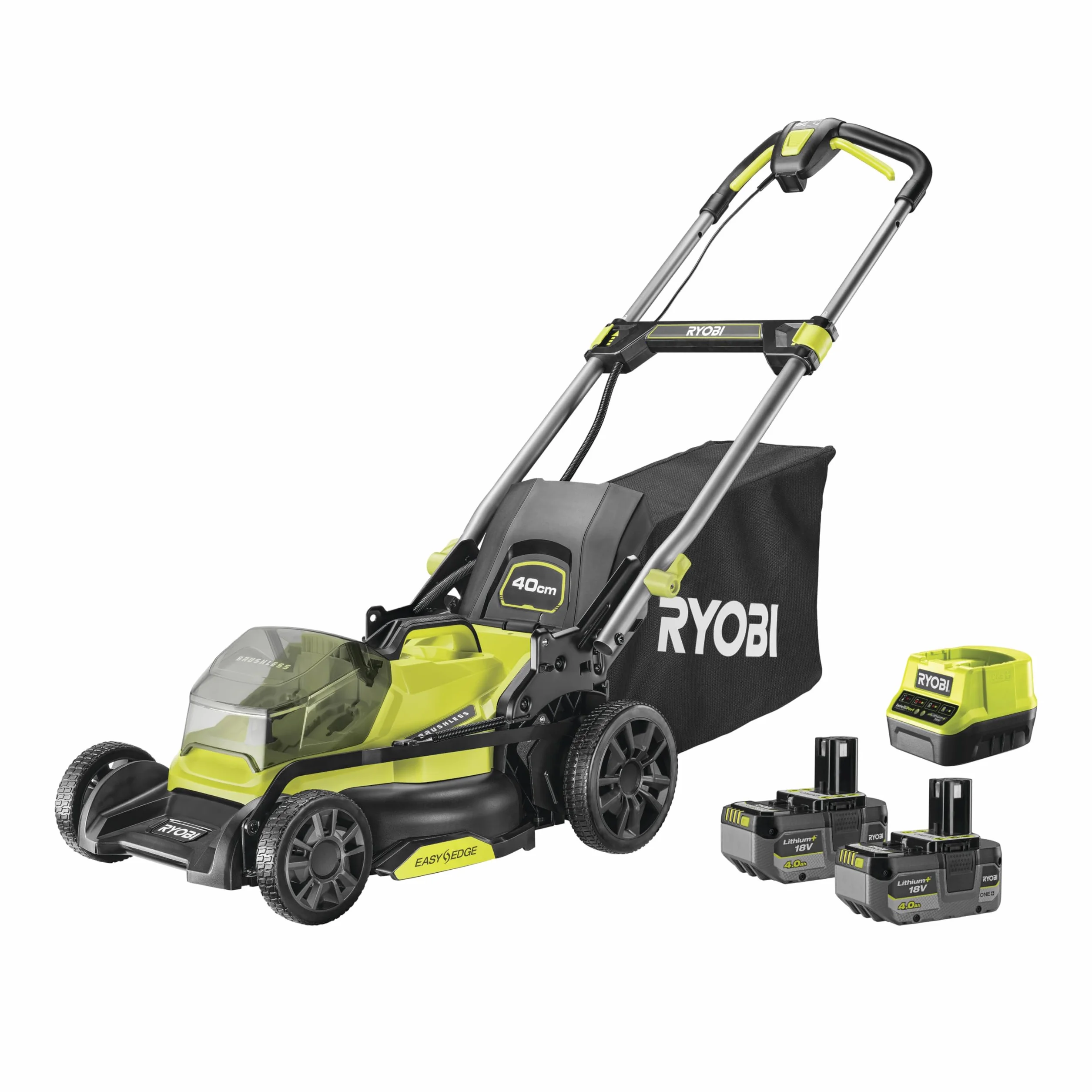RYOBI 18 V ONE + bezszczotkowa kosiarka akumulatorowa RY18LMX40C-240 (szerokość cięcia 40 cm, 7-stopniowa regulacja wysokości 25-75 mm, powierzchnie do 600 m², regulowany uchwyt z klinem do