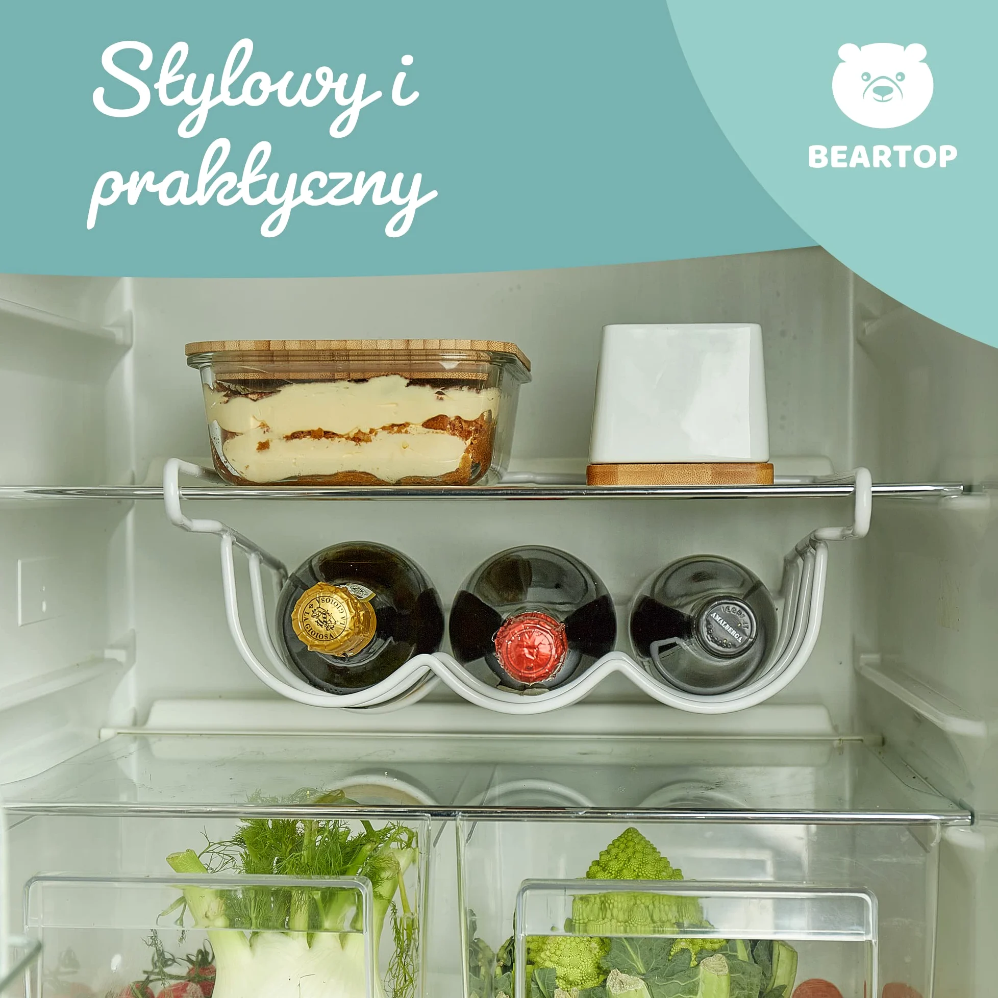 BEARTOP Nowoczesny biały metalowy stojak na butelki, do 3 butelek, uchwyt na blat