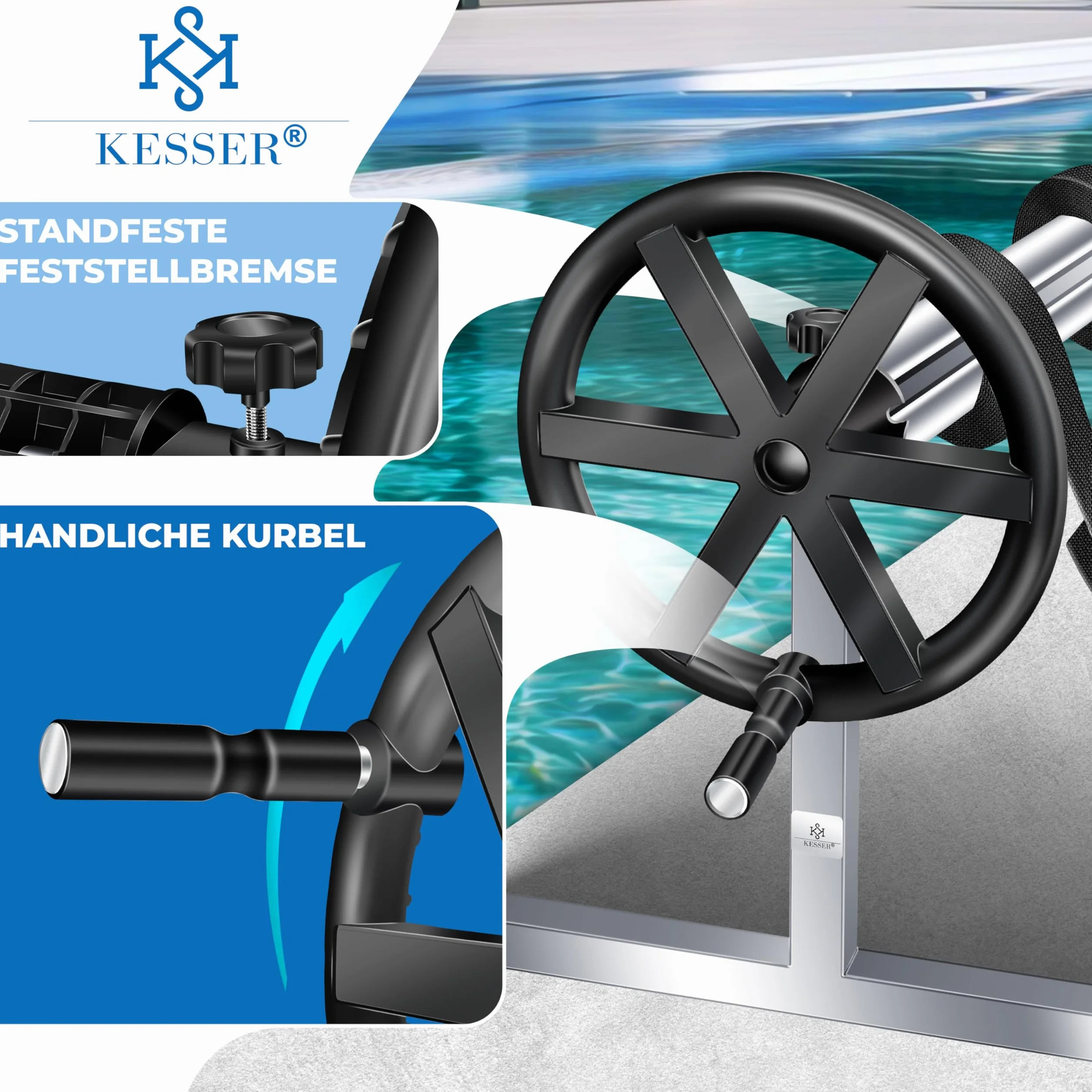 KESSER® Pool Premium system zwijania 3 m – 5,70 m | z kółkami | do plandeki solarnej | mobilne urządzenie do zwijania plandeki basenowej i pokrywy | w zestawie taśmy, rękawice i szczotka | materiał