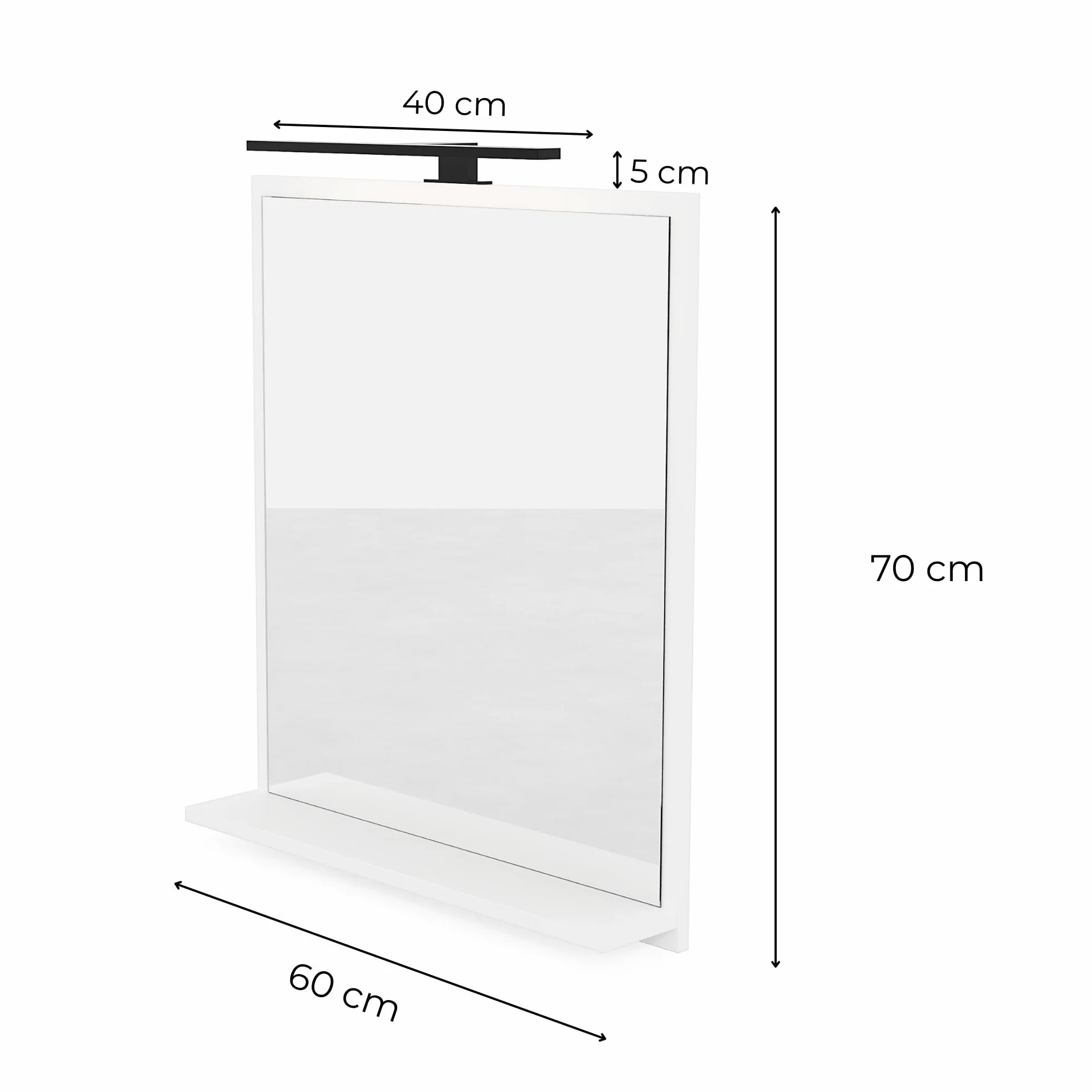 Lustro Łazienkowe LED z Półką 60 x 70 x 12 cm, Białe, Prostokątne, Neutralne Światło 4000 K, Wodoszczelne IP44, Wiszące Lustro Ścienne Podświetlane, Obudowa LED Czarna