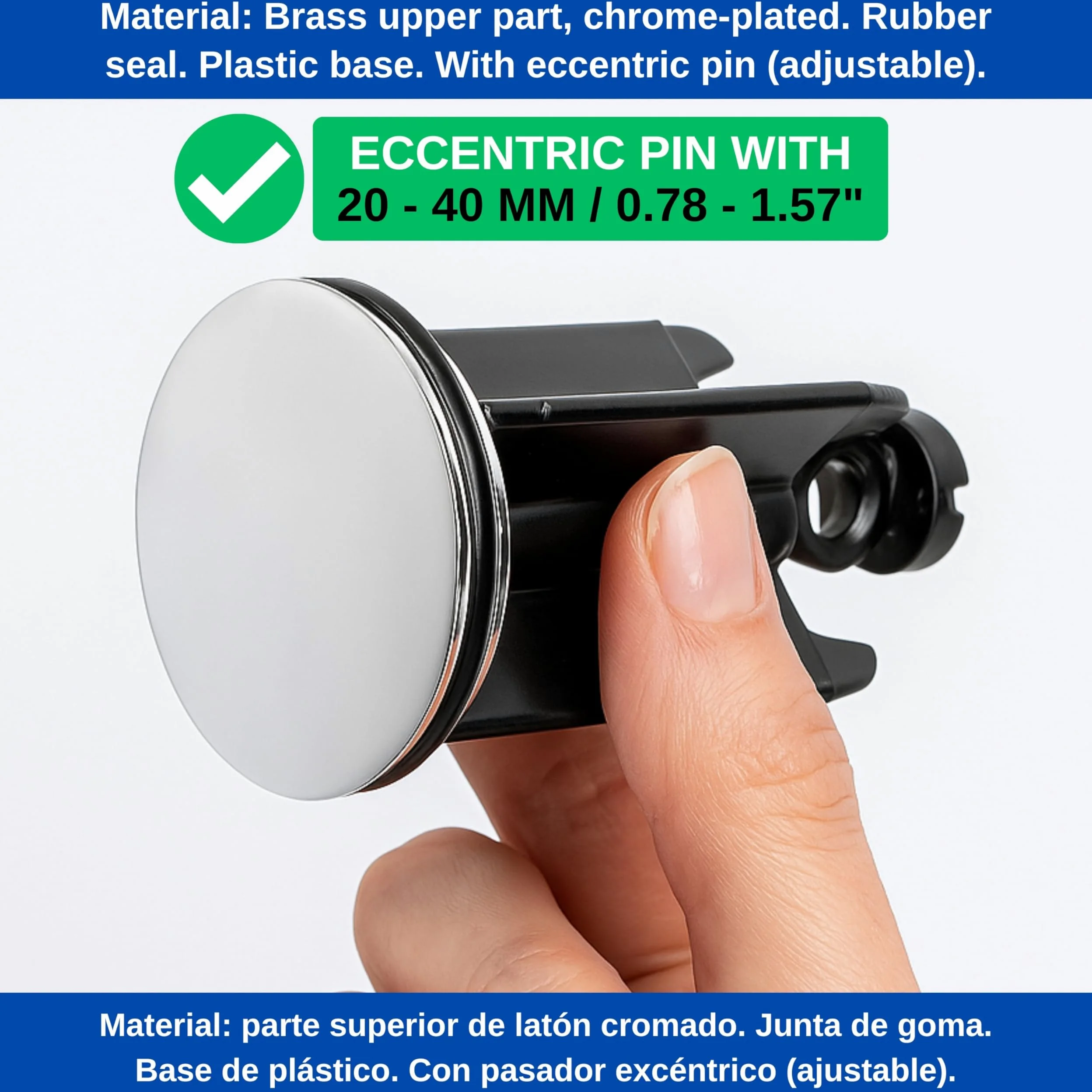 Mosiężny korek do umywalki, średnica górna: 40 mm, chromowane wykończenie, z pokrętłem mimośrodowym, regulowany 20-40 mm, do umywalki łazienkowej