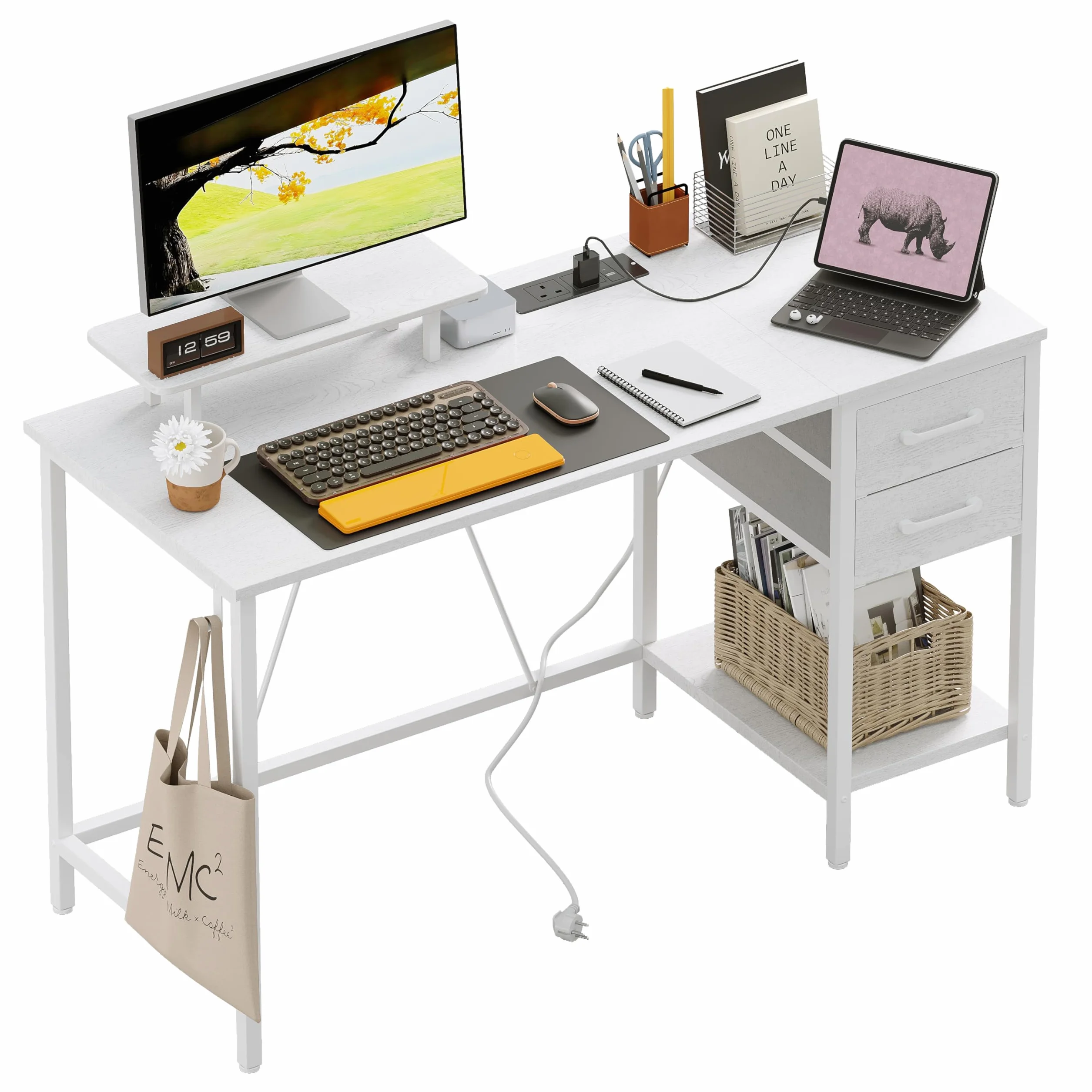 120x50cm Biurko z gniazdkiem elektrycznym, 2 szufladami i zdejmowaną podstawką pod monitor, odwracalne biurko komputerowe PC stół dla domowego biura, gabinetu, sypialni, biały