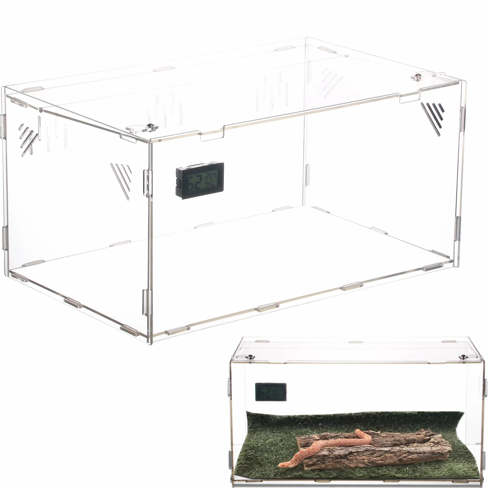 Zbiornik na gady, terrarium z higrometrem temperaturowym, przezroczyste, akrylowe pudełko do hodowli gadów, odpowiednie dla rogatej żaby, gekona, kameleona, węża, chomika, pająka