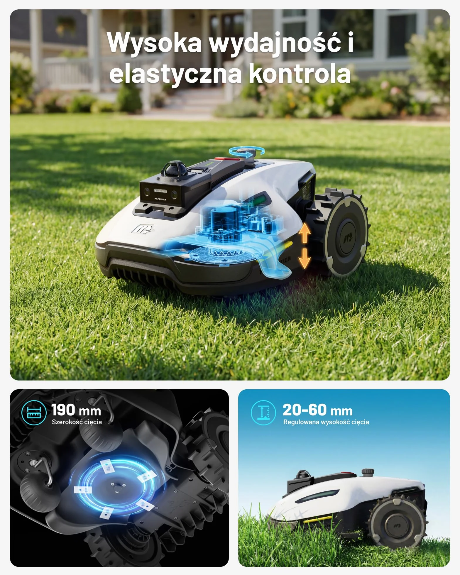 MAMMOTION YUKA mini 2 800 LiDAR Robot koszący bez przewodu obwodowego, rekomendowany 800 m³, LiDAR 360°+ AI Vision, rozpoznawanie ponad 300 przeszkód, DropMow, nachylenie 45%