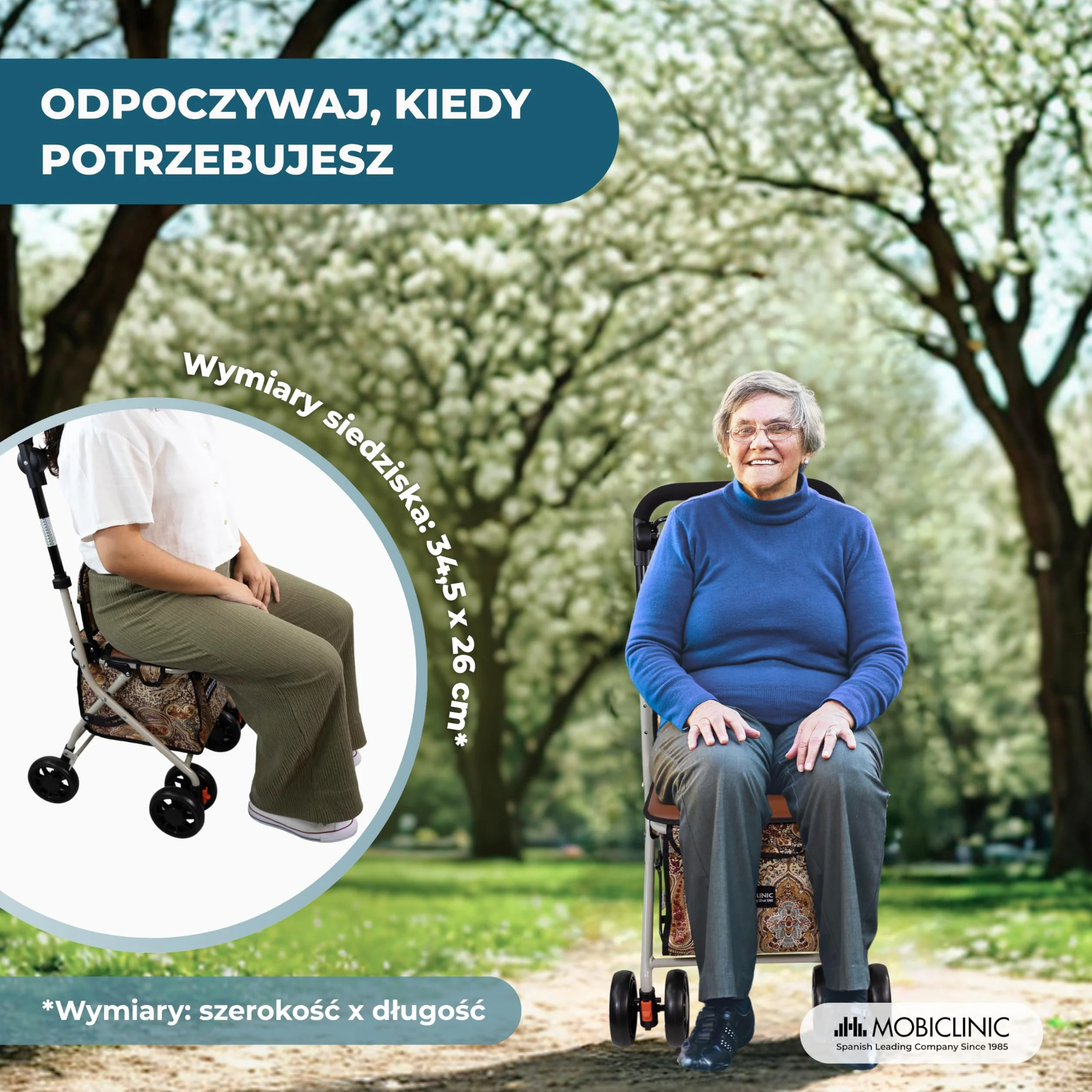 Mobiclinic®, Wózek Spacerowy Składany, Wózek na Zakupy z Siedziskiem, 21 L, Chodzik, Pojedyncza Dźwignia, Stal, Duży Kosz, Oparcie i Wyściółka, System Hamowania, Koła 360º, Coliseo