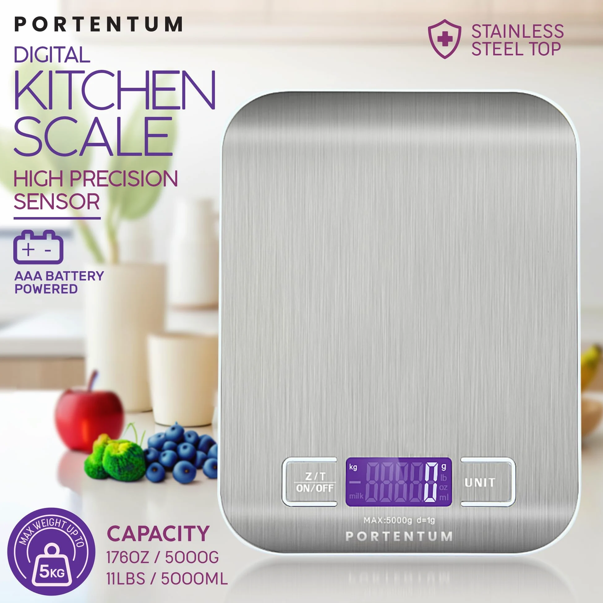 PORTENTUM - Waga kuchenna z wyświetlaczem LCD, stal nierdzewna, precyzyjna waga kuchenna od 1 gram do 5 kg/11 lbs [wyłącznie na Amazon]