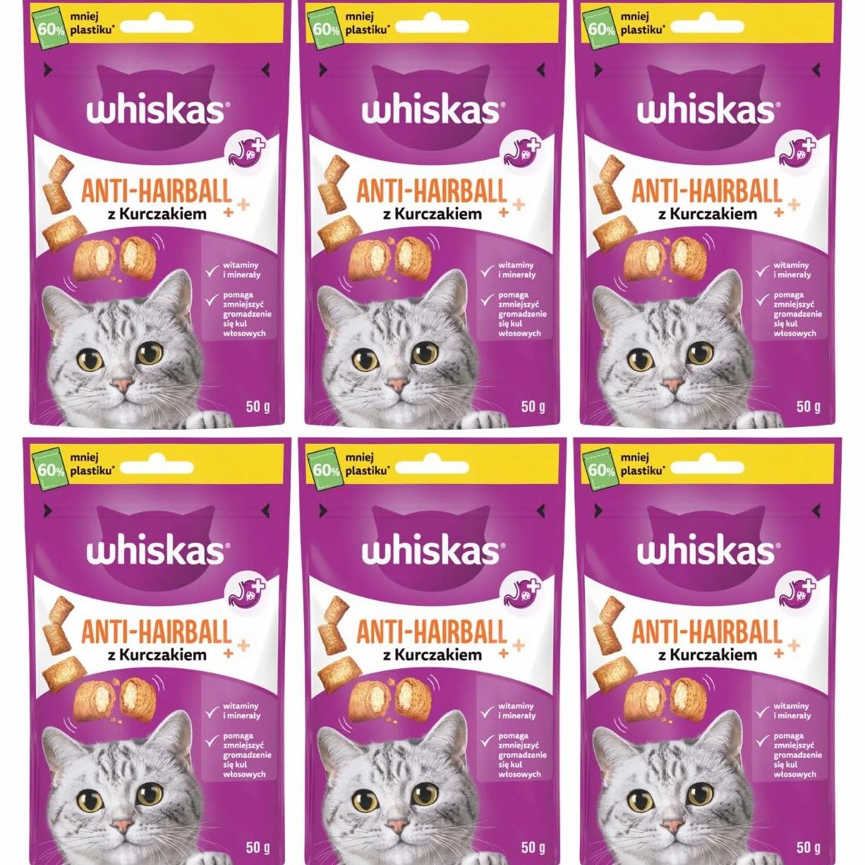 WHISKAS PrzeciwHairball przekąski dla kota 6 x 50 g – pyszne przekąski przeciwko kulkom włosów dla zdrowego sierści