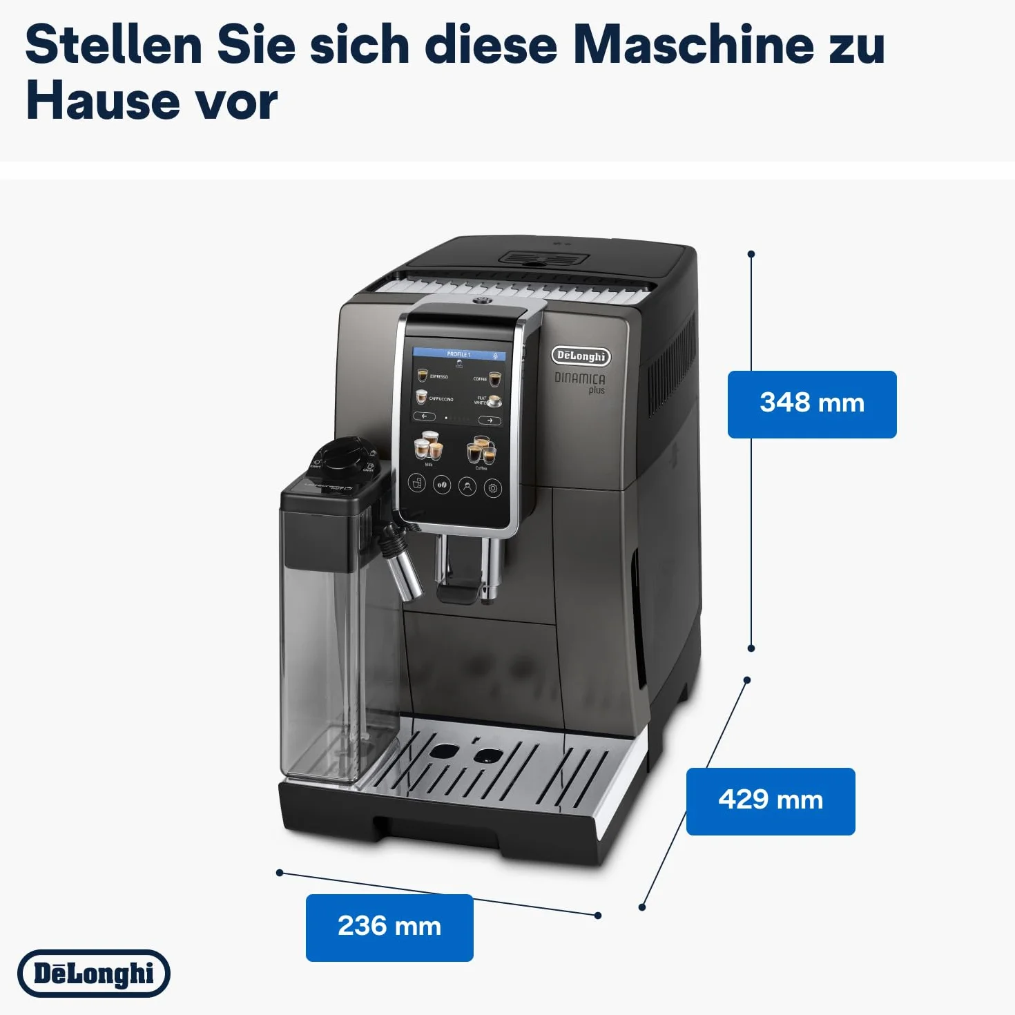 De'Longhi Dinamica Plus ECAM380.95.TB automatyczny ekspres do kawy z systemem mlecznym LatteCrema One-Touch Cappuccino z 24 przepisami, kolorowy wyświetlacz TFT o przekątnej 3,5 cala, 1450 W,