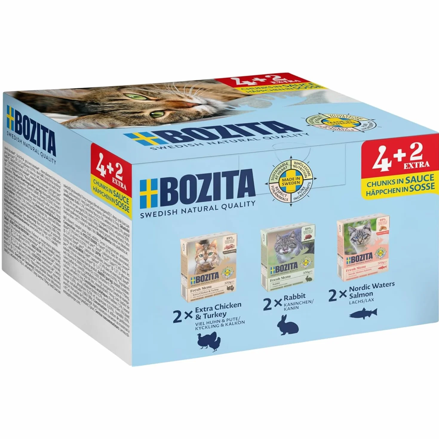 Bozita Zestaw próbny mokra karma dla kotów 4+2 Tetra Mixpack przekąski w sosie 6 x 370 g – bez zbóż, bez cukru, bez barwników – po 2 x dużo kurczaka i indyka, królika, łososia
