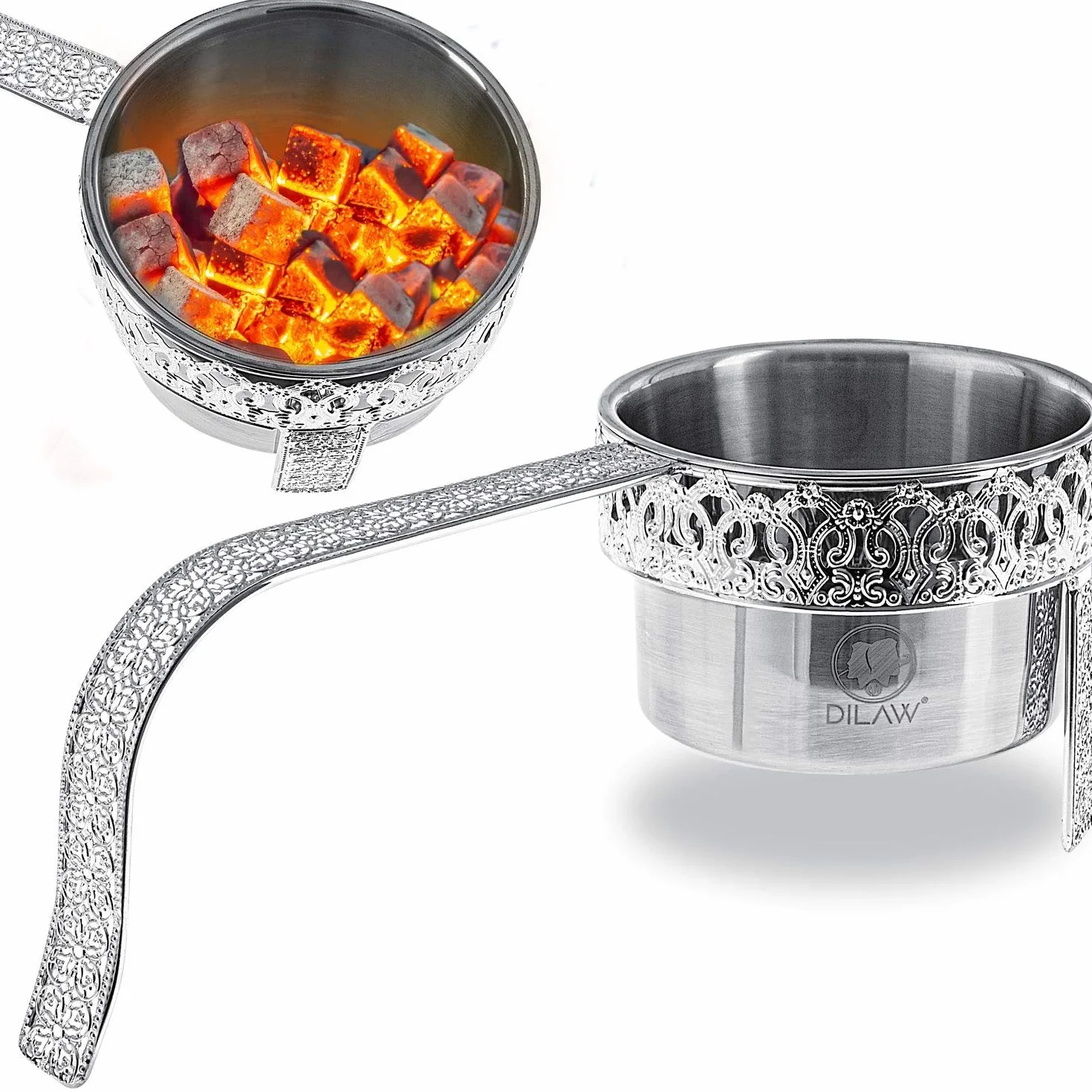 DILAW® Koszyk na węgielki do shishy, Oriental płaski pojemnik na węgielki do shishy, grill i węgiel, kosz na węgiel drzewny, z uchwytem zabezpieczającym, akcesoria Hookah, kolor: srebrny