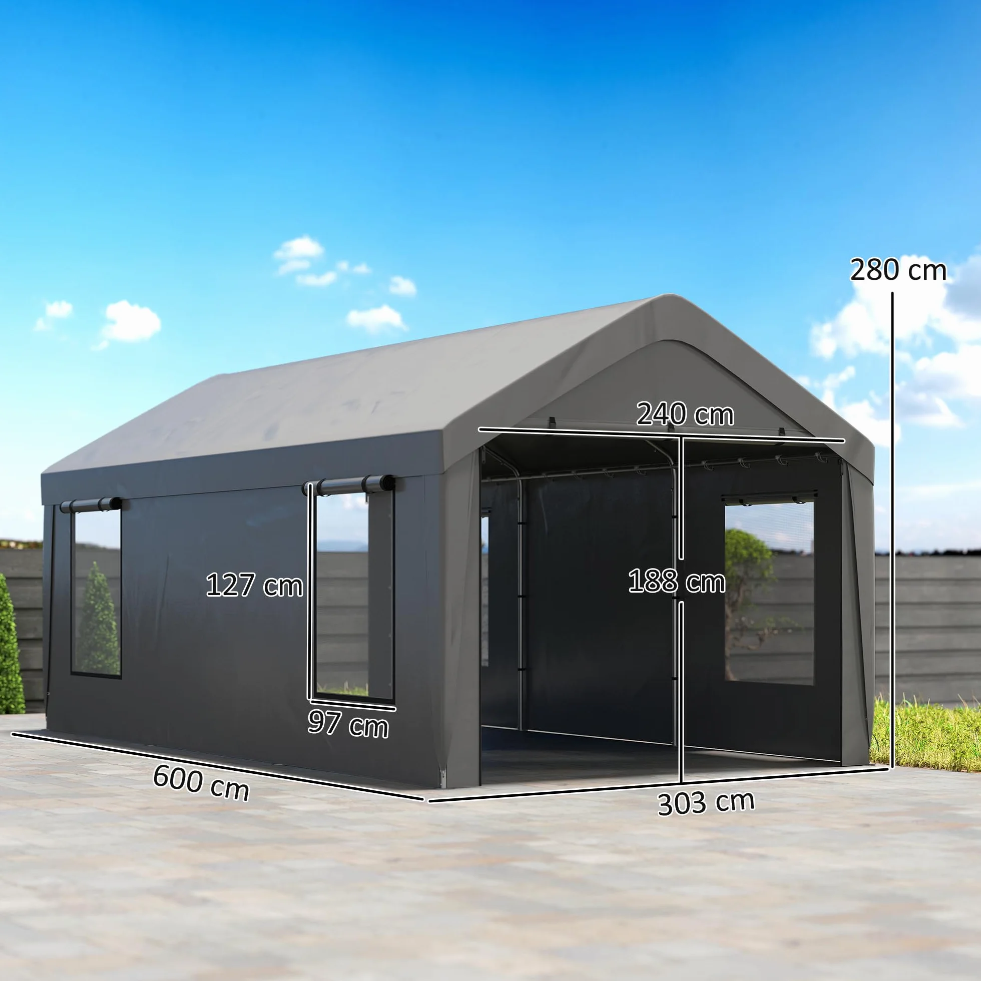 Outsunny Namiot garażowy 3 x 6 m, z wyjmowanymi ścianami bocznymi, 2 zwijanymi drzwiami i 4 oknami, wiatą samochodową, ciężarówką, łodzią, ciemnoszary