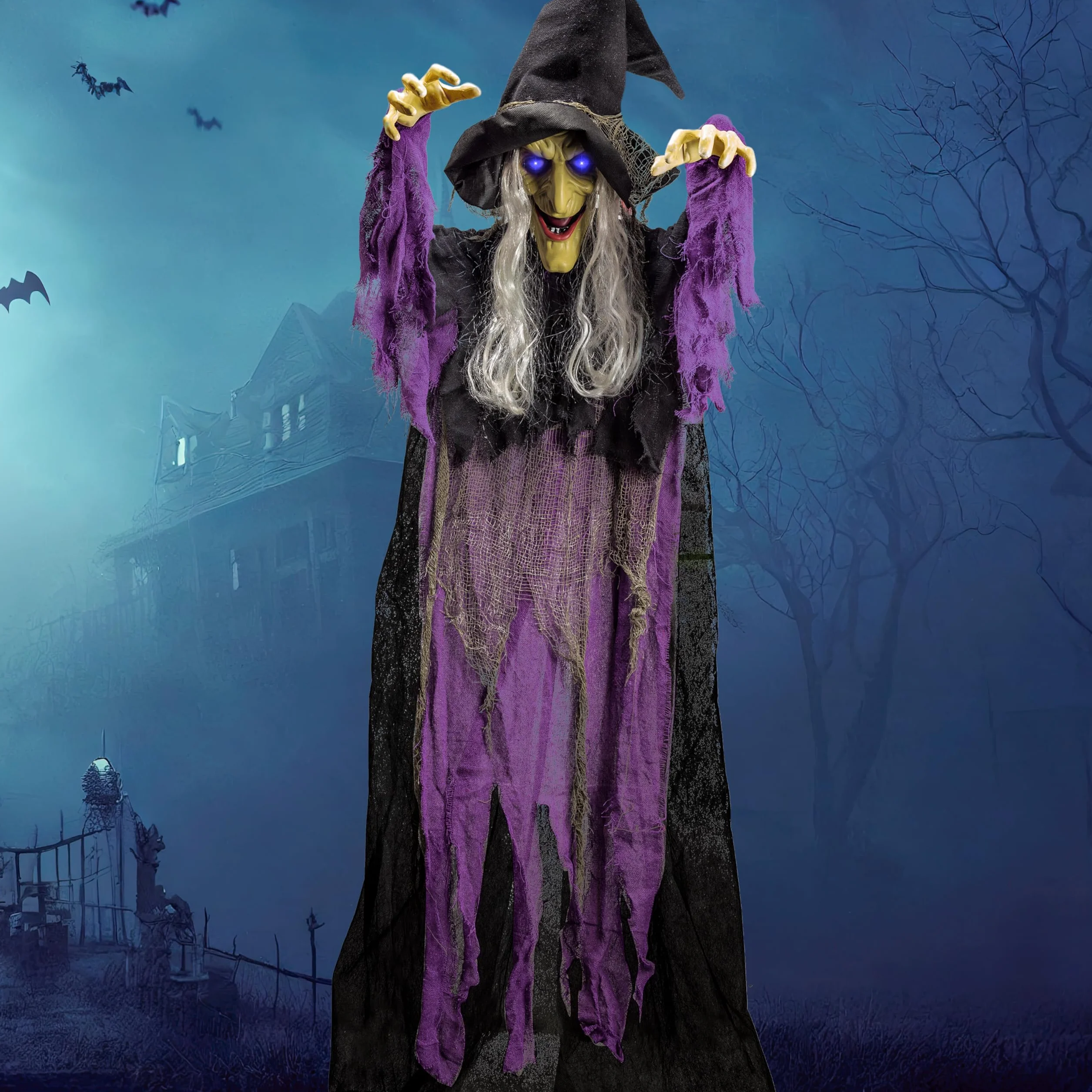 Wisząca animowana dekoracja w postaci mówiącej czarownicy, ze świecącymi oczami i funkcją aktywacji dźwiękiem, na Halloween, do nawiedzonego domu, na zewnątrz, do wewnątrz, 182,9 cm, kolor niebieski