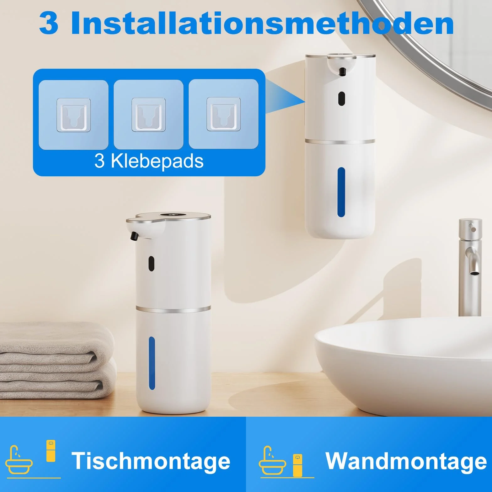 Fantictas Dozownik mydła automatyczny, elektryczny dozownik mydła z wyświetlaczem, ładowany przez USB, 6-stopniowa regulacja, 380 ml, montaż na ścianie, do łazienki/kuchni/płynu do mycia