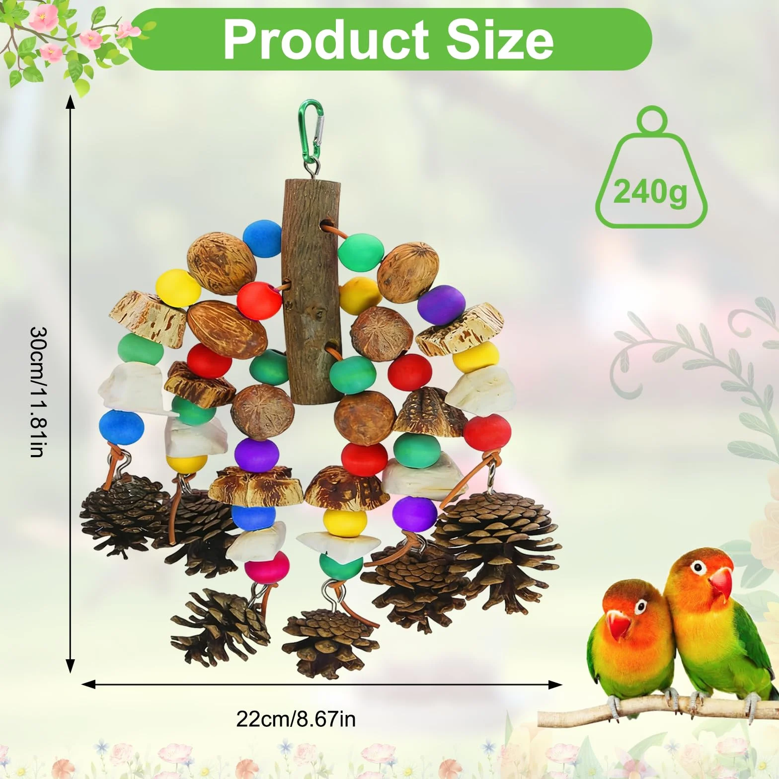 Zabawka dla papugi naturalne drewniane klocki z kością kalmarów szyszkami sosnowymi mango karambolą