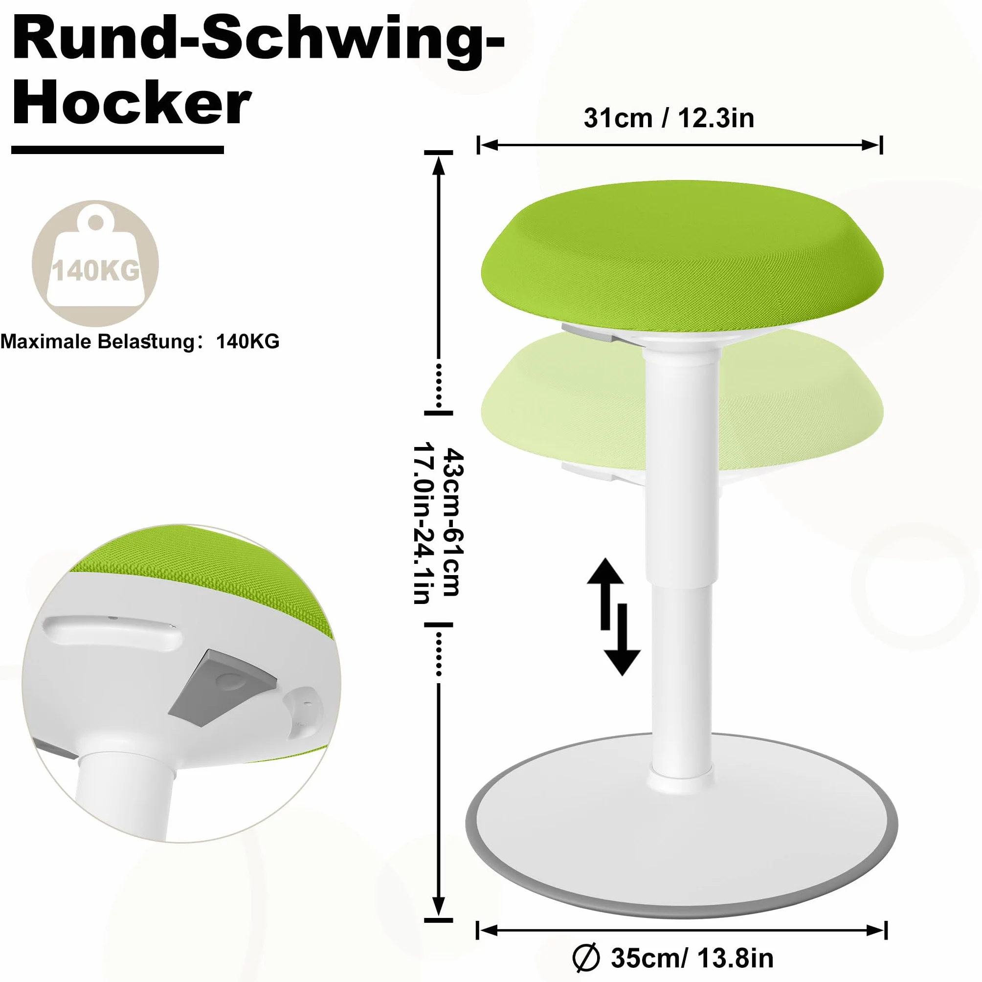 Froadp Stołek biurowy, ergonomiczny taboret, stojący z regulacją wysokości 43-61 cm, antypoślizgowy, do salonu, baru, biura, zielony, okrągły