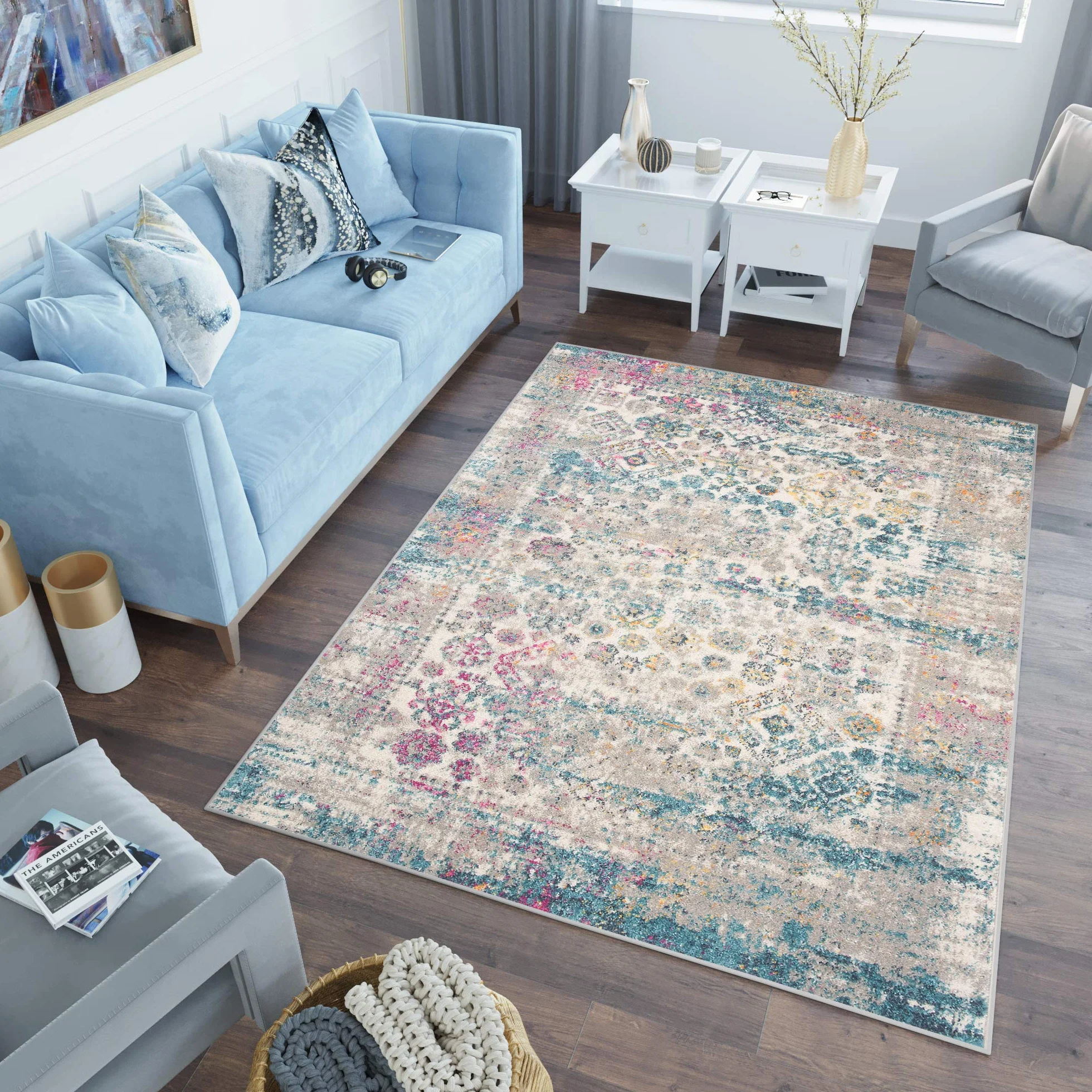 Tapiso Lazur dywan z krótkim włosiem, szary, niebieski, kremowy, pomarańczowy, różowy, klasyczny, wisiany, orientalny, do salonu, sypialni, Ökotex 140 x 190 cm