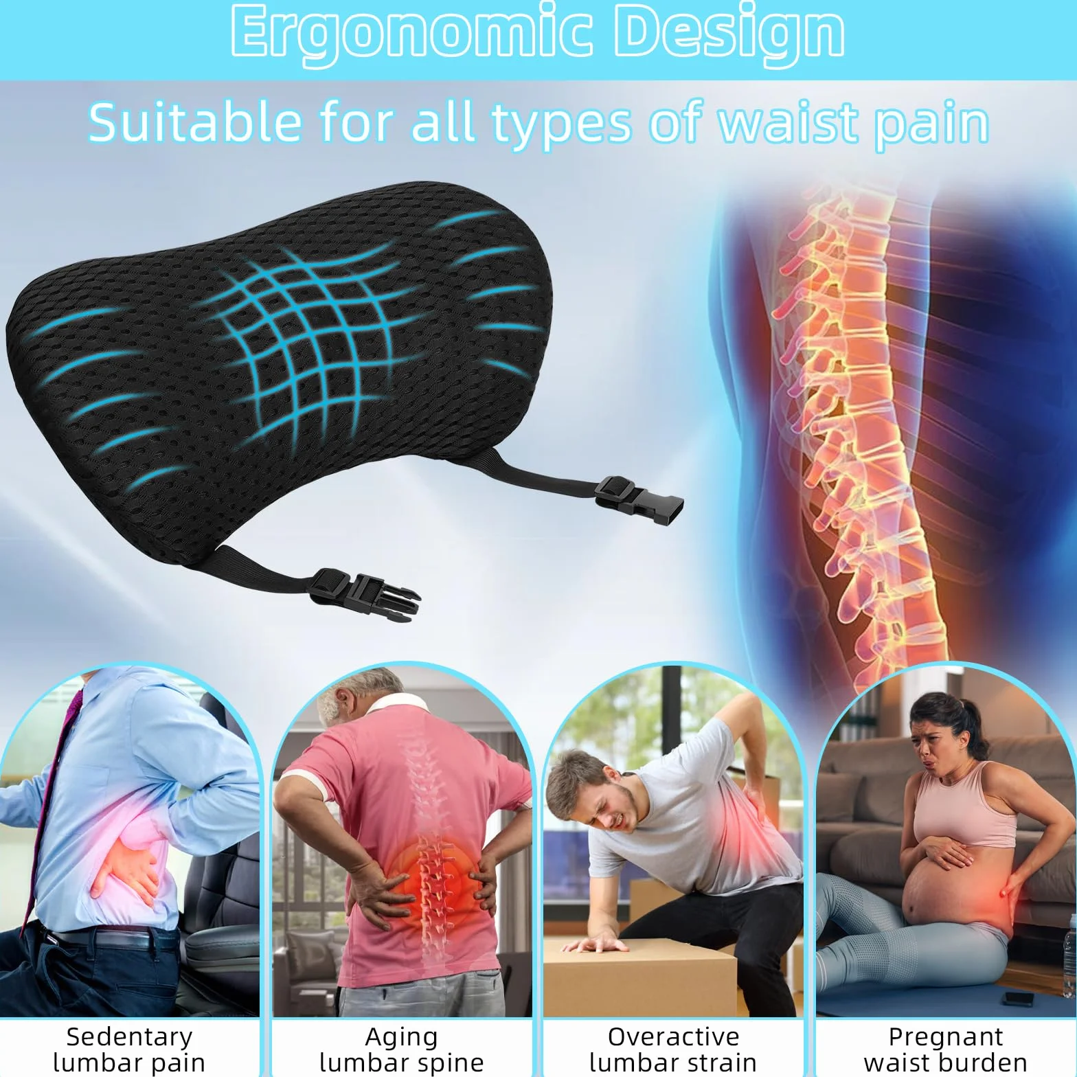 Poduszka lędźwiowa, ergonomiczna poduszka lędźwiowa, poduszka pod plecy z regulowanym paskiem, pianka z pamięcią kształtu, poduszka podpierająca okolice lędźwiowe do fotela biurowego i fotela