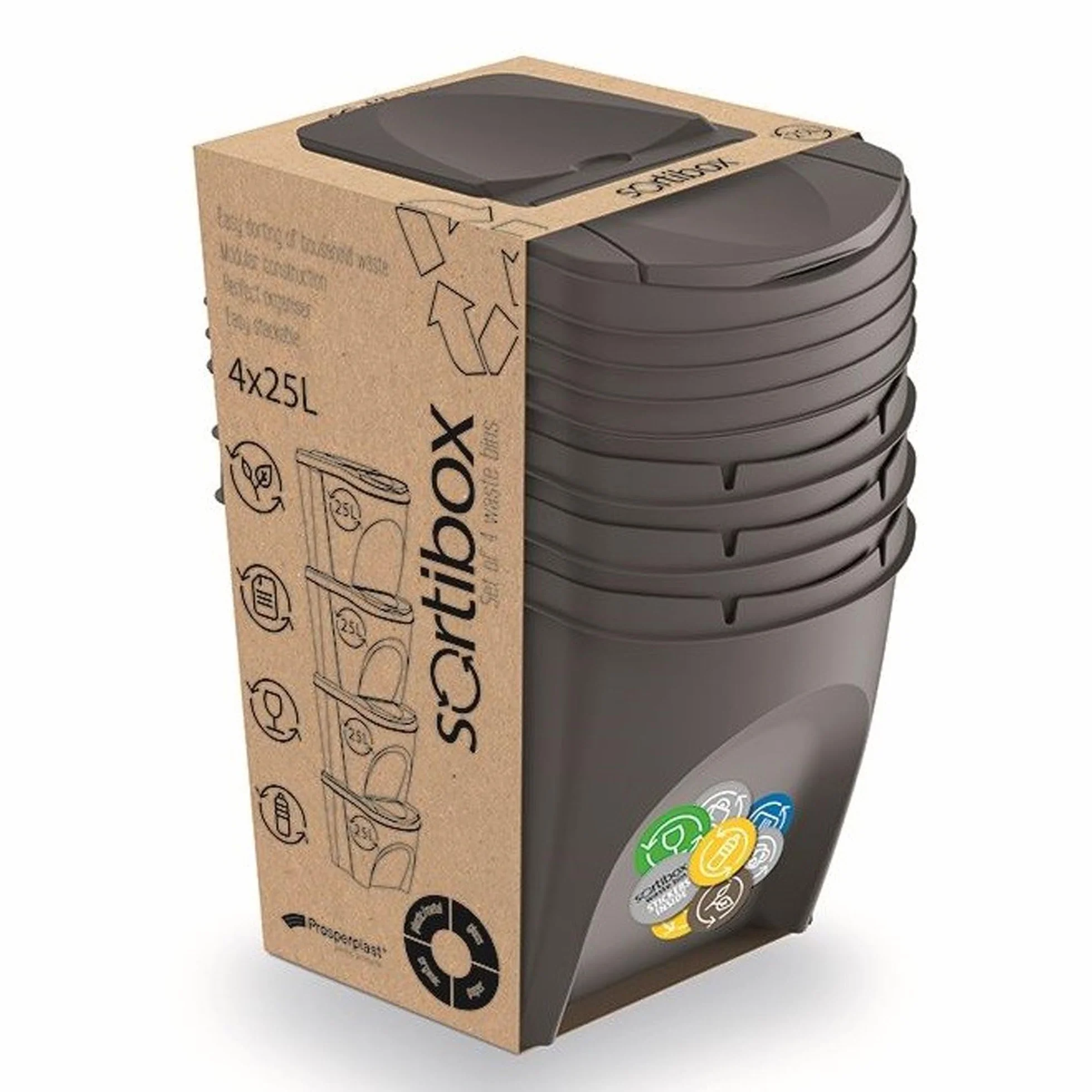 Prosperplast Sortibox zestaw 4 plastikowych pojemników do recyklingu 100 l, w kolorze szarym, 4 x 25 l