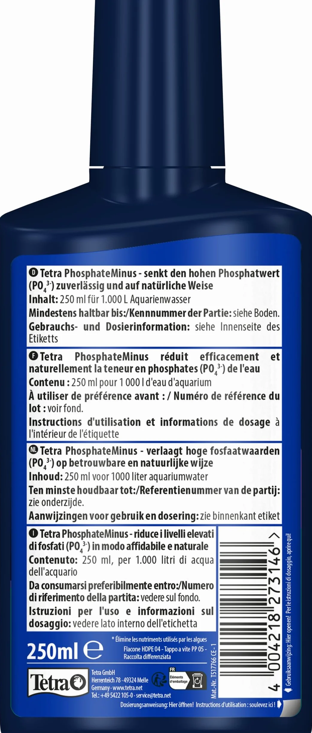 Tetra PhosphateMinus – delikatnie i niezawodnie obniża zawartość odżywczą alg, fosforan w akwarium, 250 ml