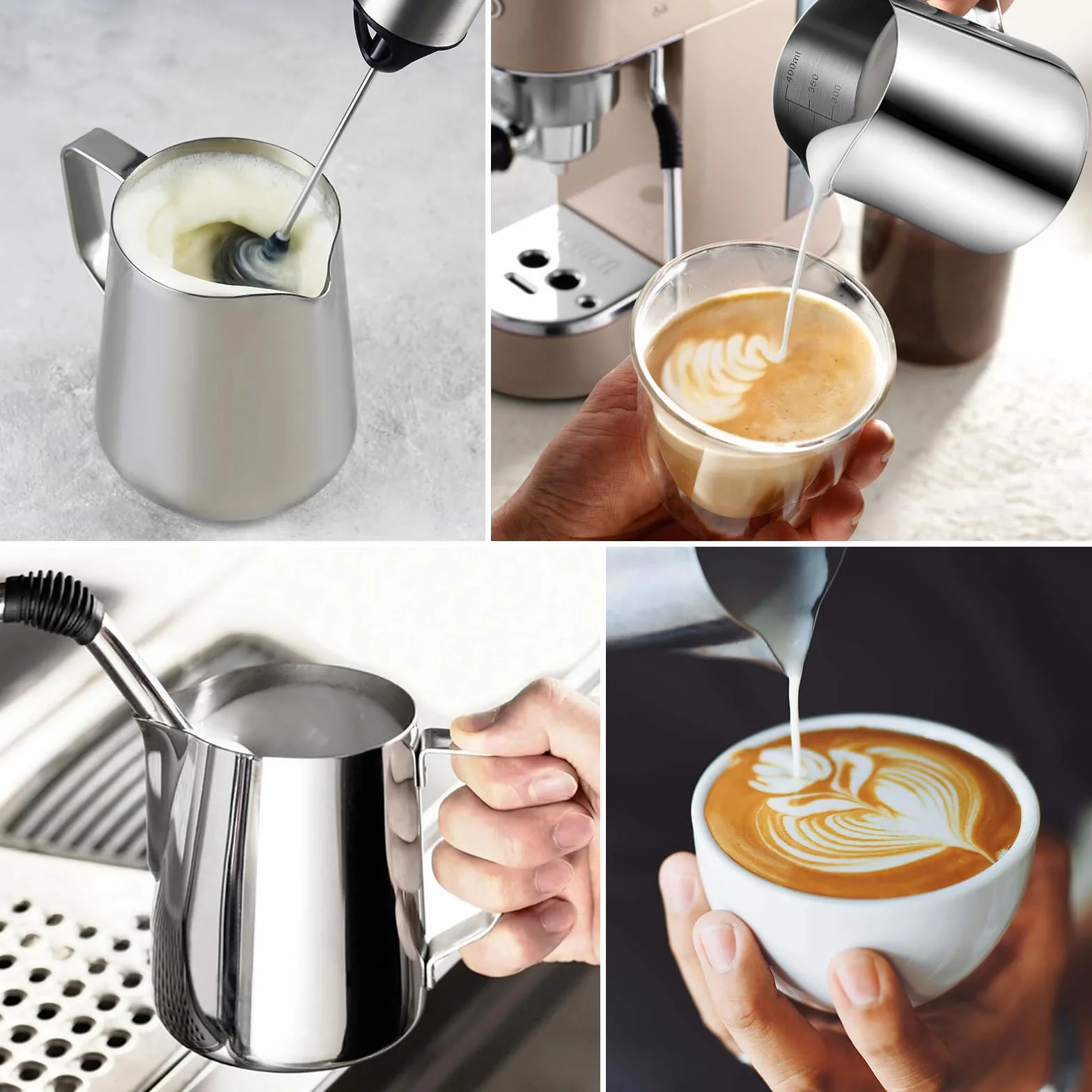 anpro Pojemnik na mleko 400 ml/14 fl. oz. Milk Pitcher dzbanek na mleko ze stali nierdzewnej, idealny do cappuccino, spieniacz do mleka, srebrny