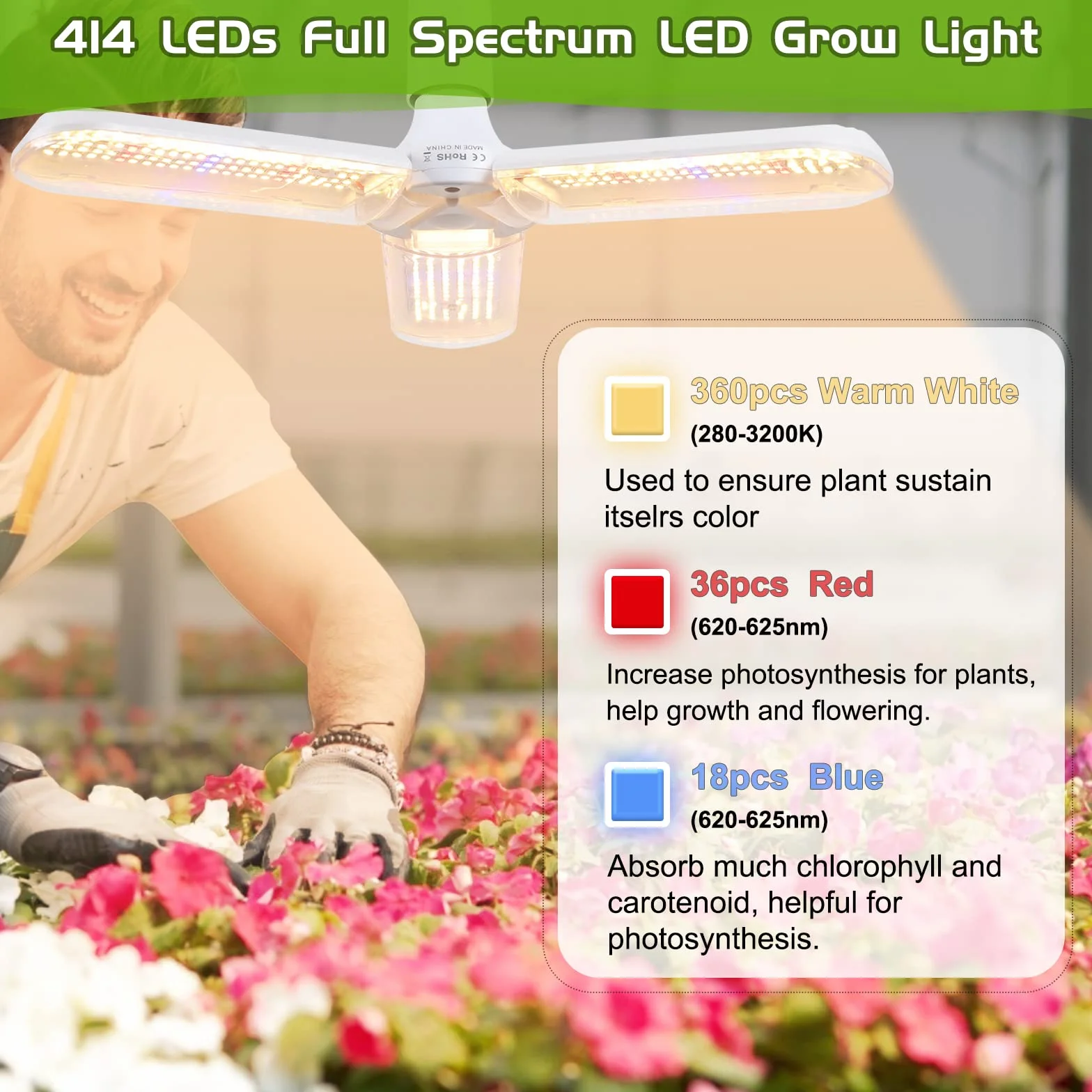 Żarówka LED do uprawy 150 W, pełne spektrum, żarówka roślinna z 414 diodami LED do roślin domowych, gniazdo E26/E27, lampa do uprawy hydroponicznej, do ogrodu, szklarni, sukulentów, warzyw i kwiatów