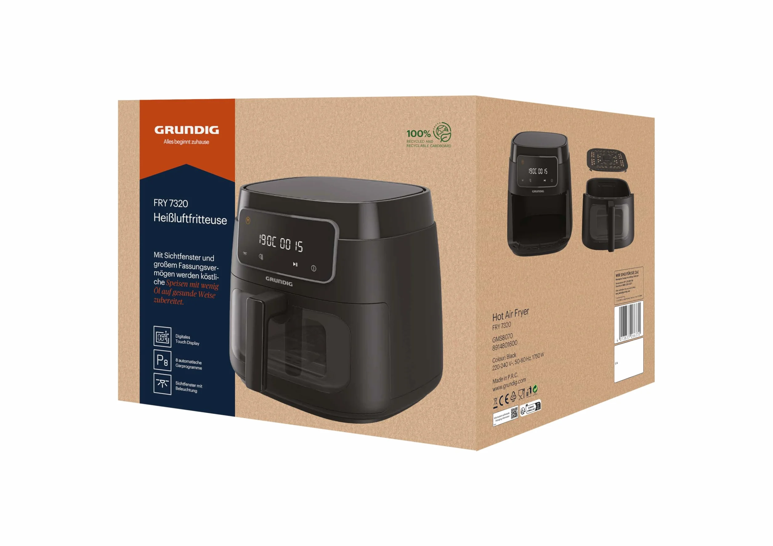 Grundig FRY 7320 frytkownica na gorące powietrze, pojemność 7,6 l, 1750 W, wyświetlacz dotykowy, duże okienko, regulacja temperatury i czasu, powłoka zapobiegająca przywieraniu, kosz nadaje się do