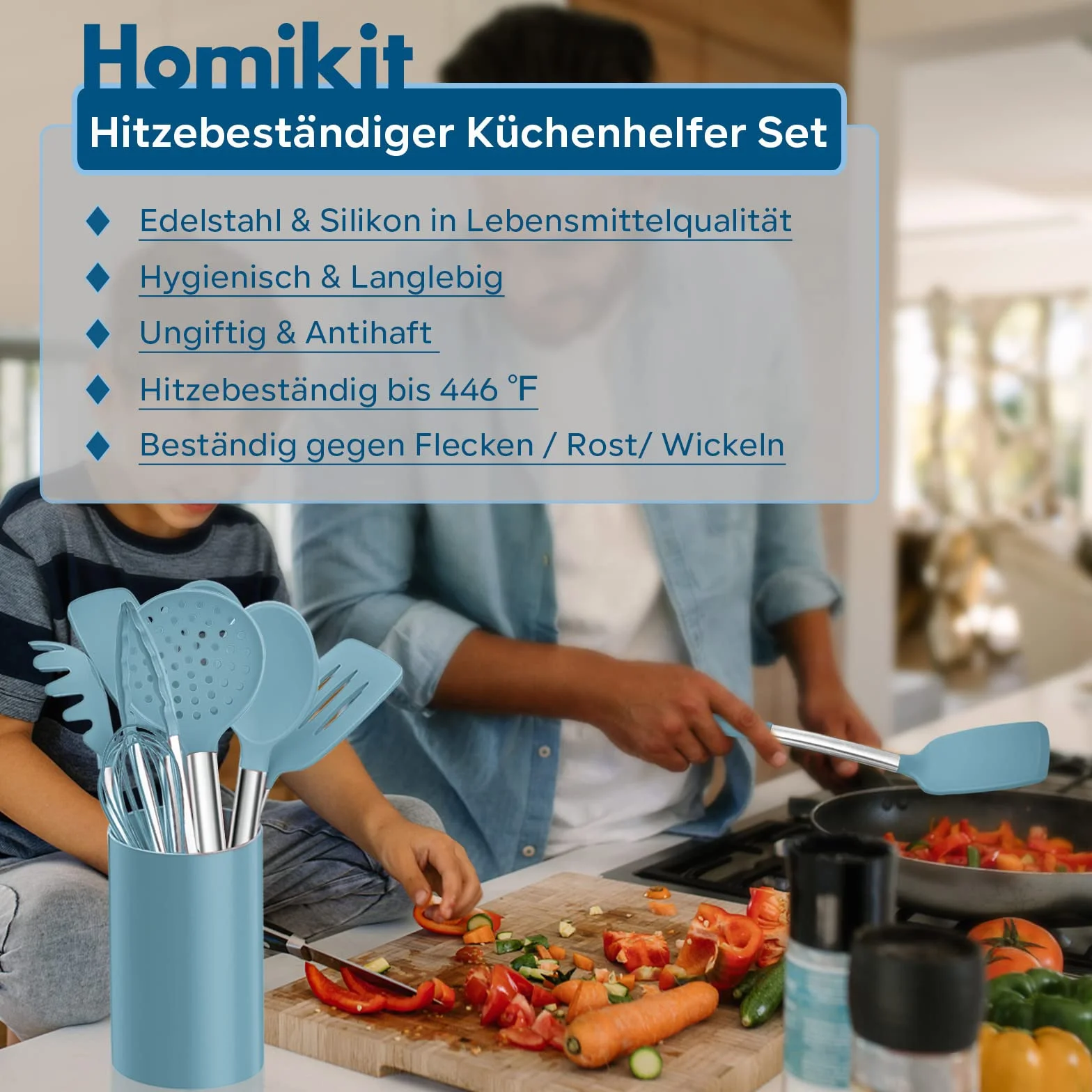 Homikit Zestaw przyborów kuchennych, 10 sztuk, silikonowe, nieprzywierające, odporne na wysokie temperatury, z uchwytem ze stali nierdzewnej, zdrowe, nadają się do mycia w zmywarce, kolor niebieski