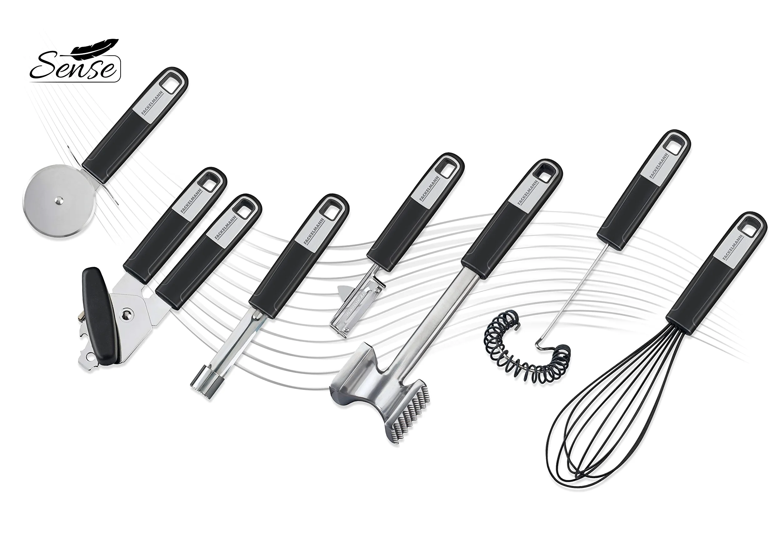 FACKELMANN Nóż do pizzy 18 cm Sense, wałek do pizzy ze stali nierdzewnej z antypoślizgowym i ergonomicznym uchwytem Soft-Touch z tworzywa sztucznego, (kolor: srebrny/czarny), ilość: 1 sztuka