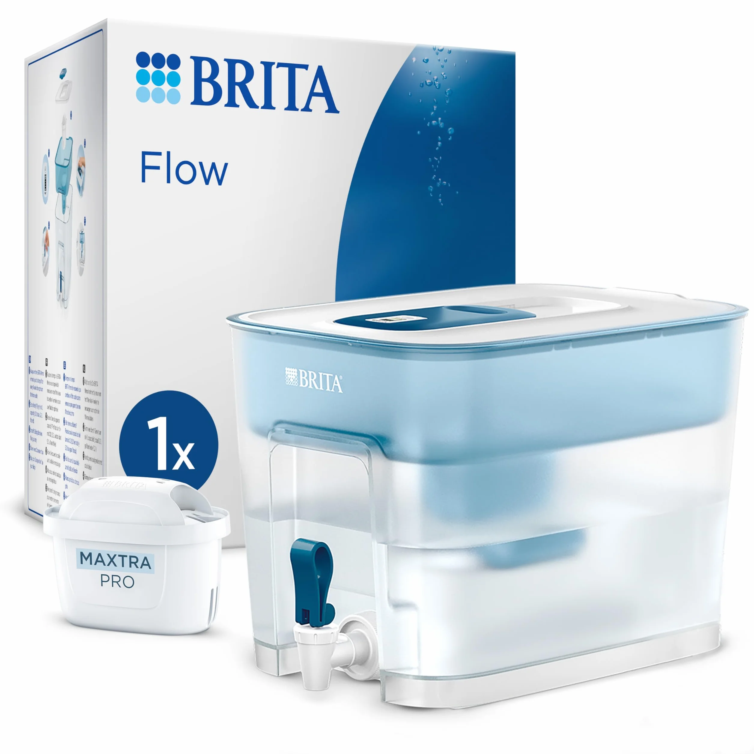 BRITA Dystrybutor filtrujący wodę Flow (8,5 l) z 1 filtrem BRITA MAXTRA PRO Pure Performance redukującym chlor, kamień, PFAS i metale – pojemność XXL