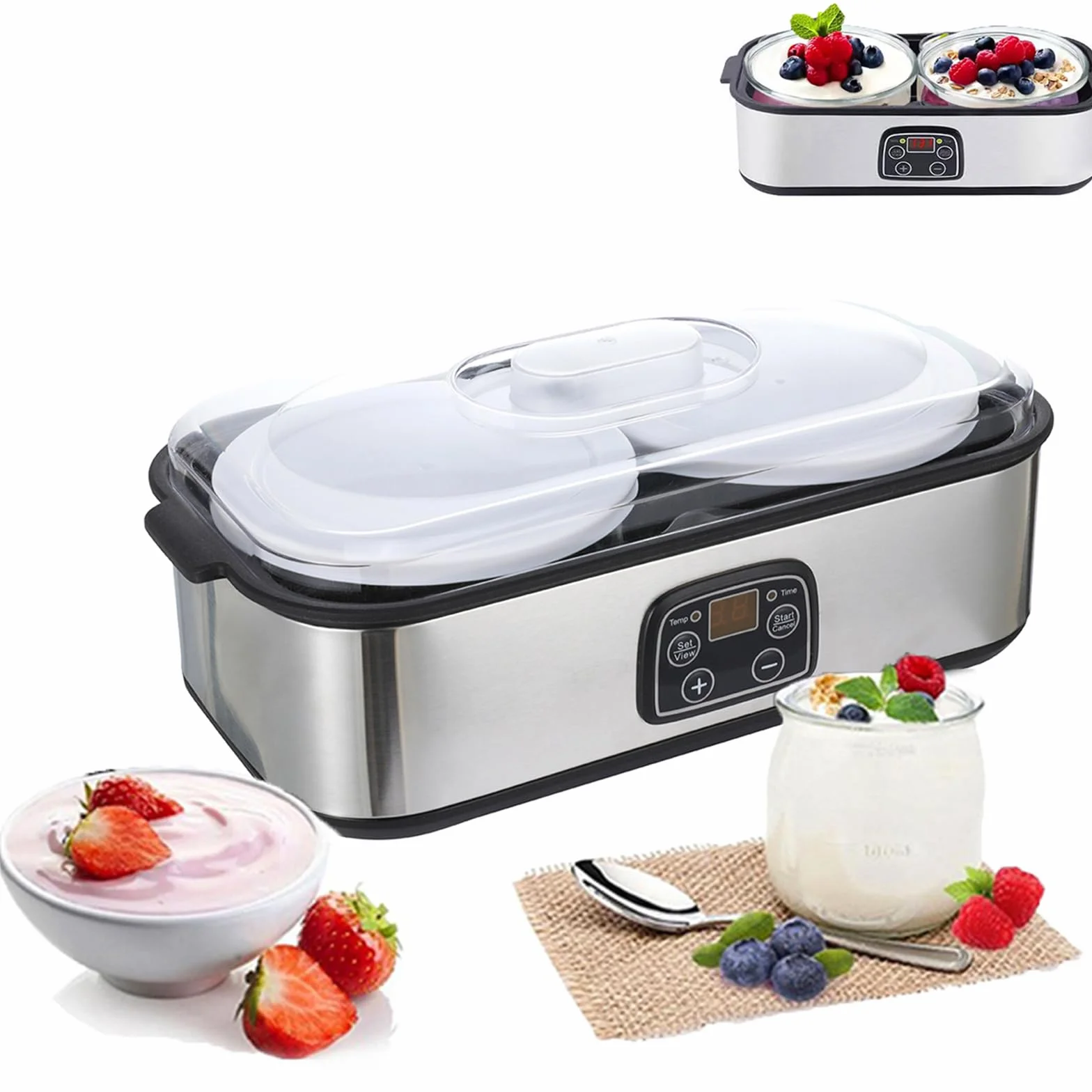 Automatyczny Producent Jogurtu 2L Stael Ze Stali Nierdzewnej Z 2 Szklanymi Słoikami, Regulowany Czas I Kontrola Temperatury Dla Domowego Jogurtu Probiotycznego, Natto I Fermentacja