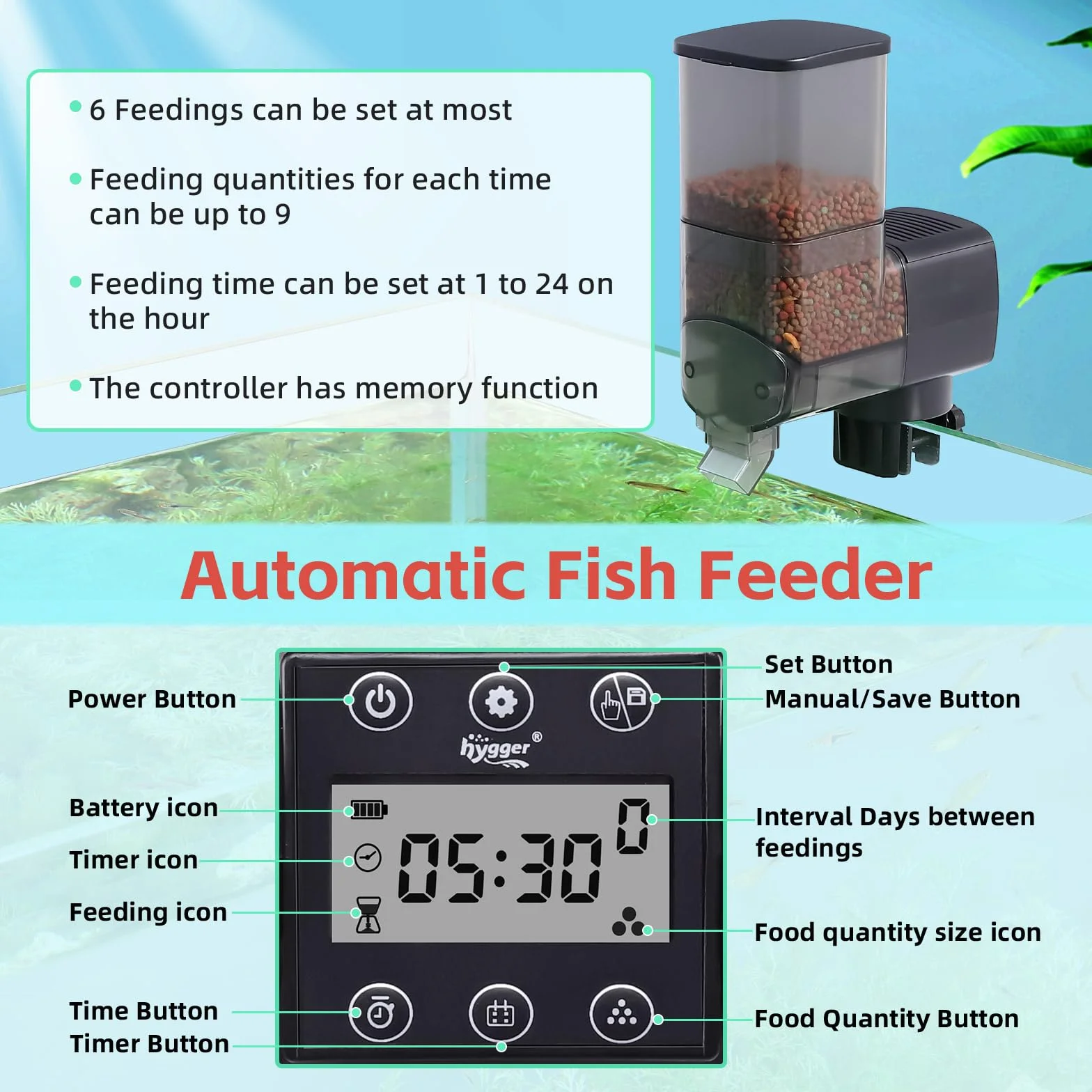 hygger Automatyczny dozownik karmy dla ryb, 350 ml, automatyczny karmnik do akwarium do stawu z wyświetlaczem LCD, kontroler Fish Feeder Automatic na weekend Holiday (nie zawiera baterii)