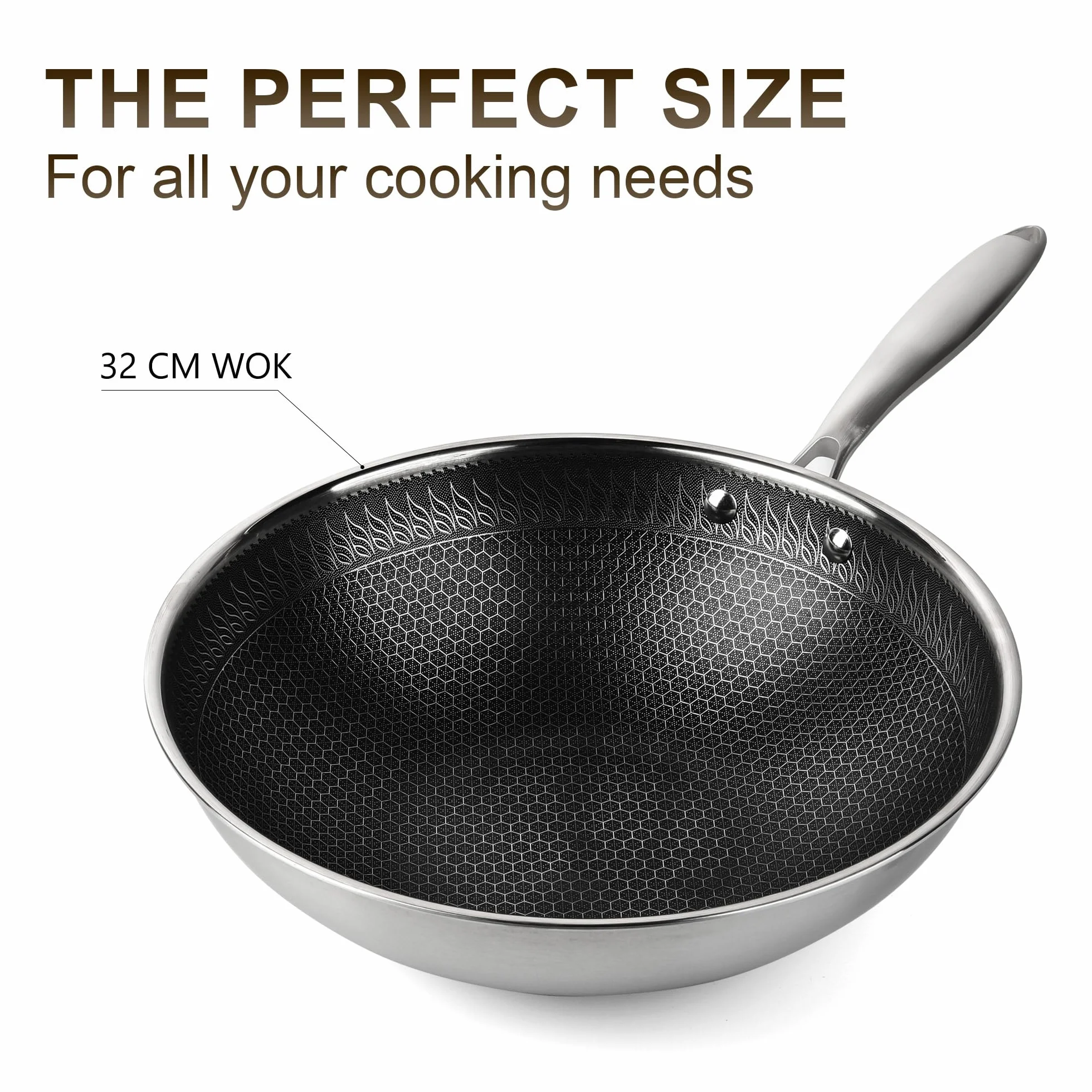 RIOVARM Wok ze stali nierdzewnej 32 cm, z pokrywką, powłoka zapobiegająca przywieraniu, płaskie dno, trójwarstwowa struktura plastra miodu, nadaje się do mycia w zmywarce, do piekarnika, działa z