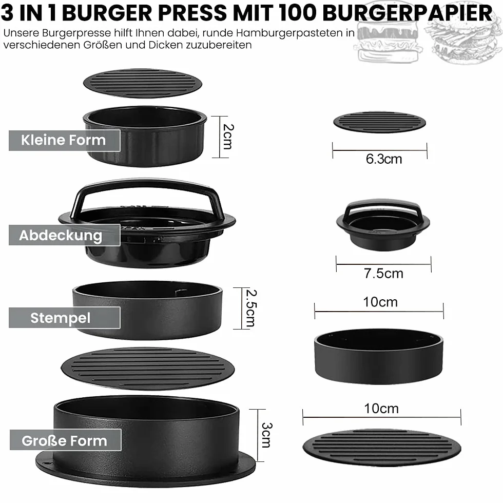 3 w 1 Prasa do Burgerów, Zestaw do Robienia Hamburgerów, Prasa do Burgerów z Nieprzywierającą Powierzchnią, Foremka do Hamburgerów, Narzędzie do Grillowania na Barbecue, Akcesoria do Kuchni, W