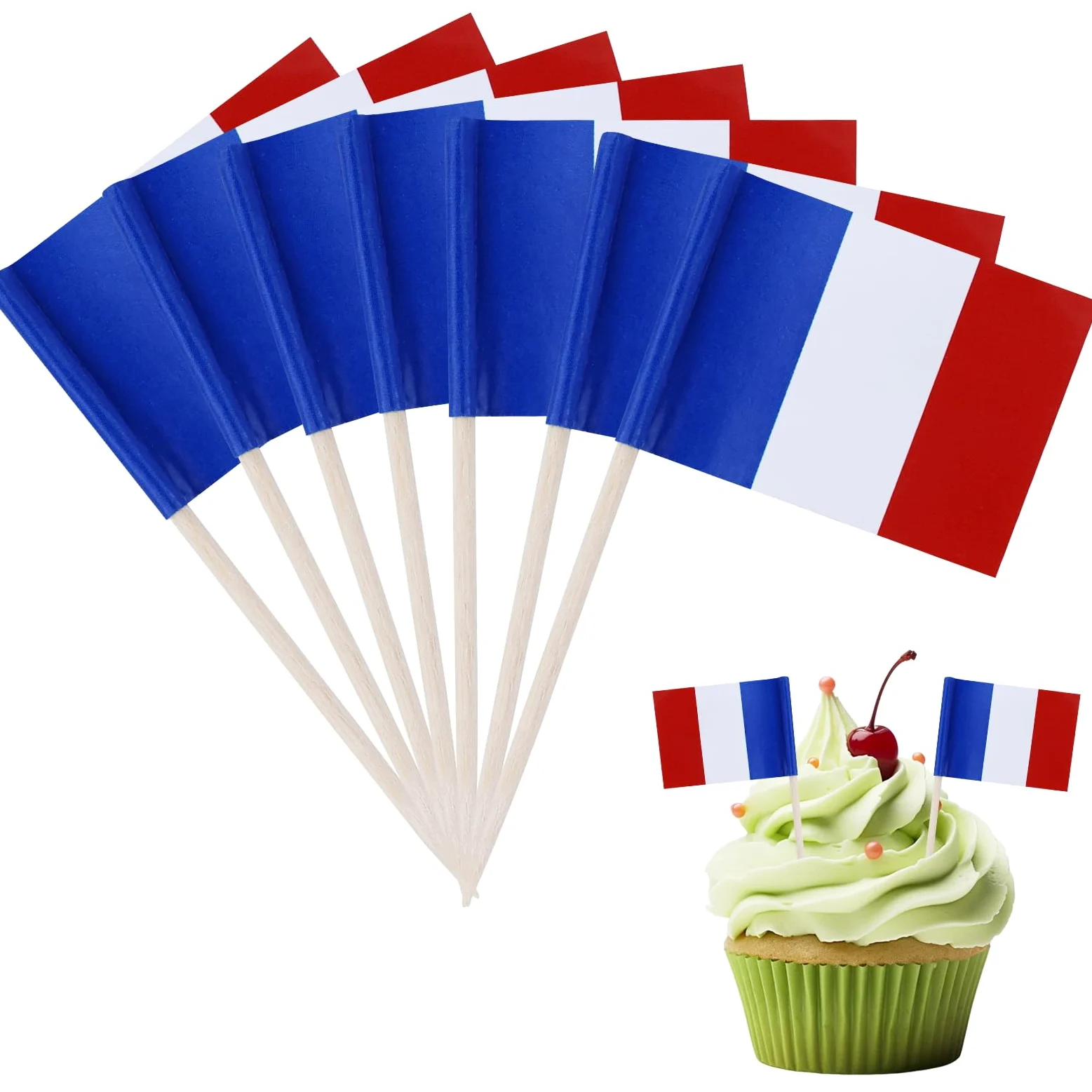 120 sztuk wykałaczek z flagą Francji, dekoracyjne wykałaczki, drewniane flagi do koktajli, do ciast, ciastek, muffinek, lodów, owoców