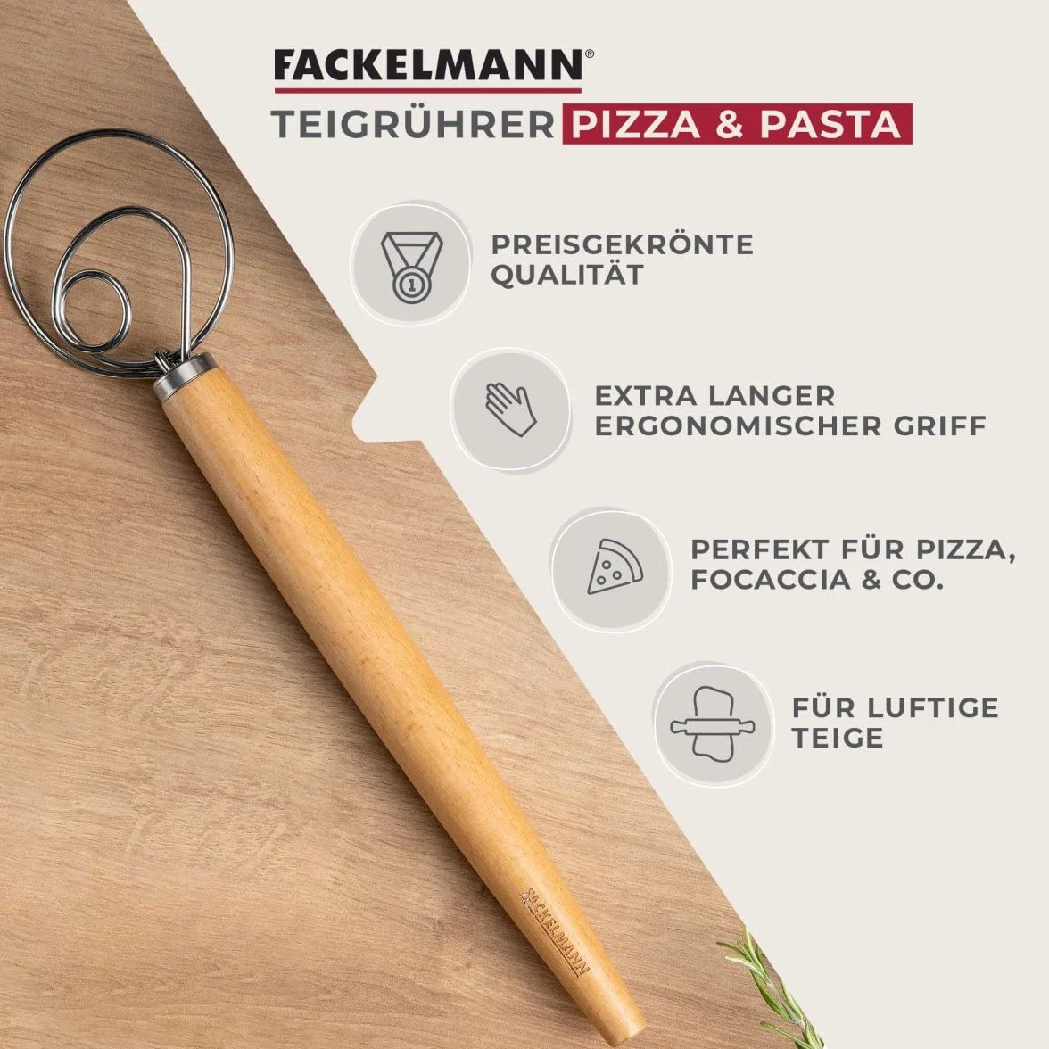 Fackelmann Trzepaczka do ciasta do makaronu, focaccia i ciasta – trzepaczka do przewiewnych ciast – duńska trzepaczka do mieszania z ergonomicznym uchwytem