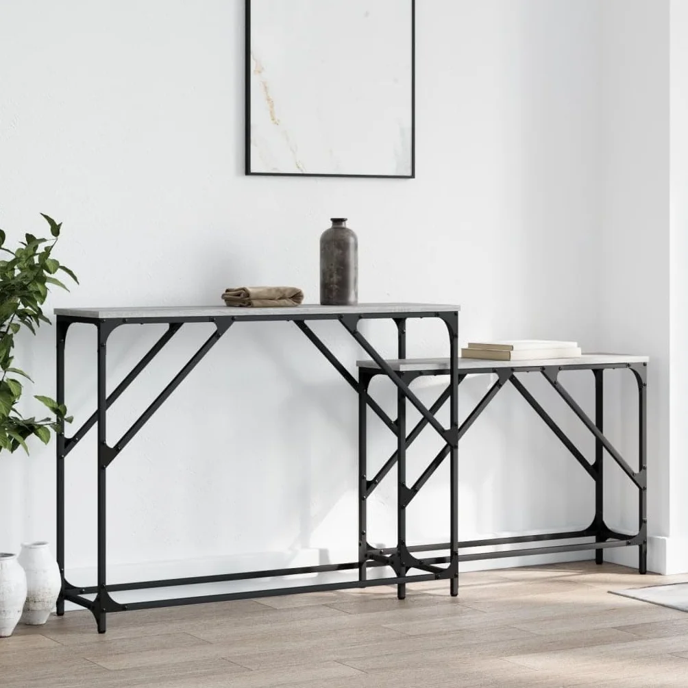 Stoły konsolowe, zestaw 2 sztuk, szary materiał drewnopochodny Sonoma, metalowa rama, szerokość 100/80 cm, stoliki pomocnicze do salonu, korytarza, przedpokoju, zajmują mało miejsca