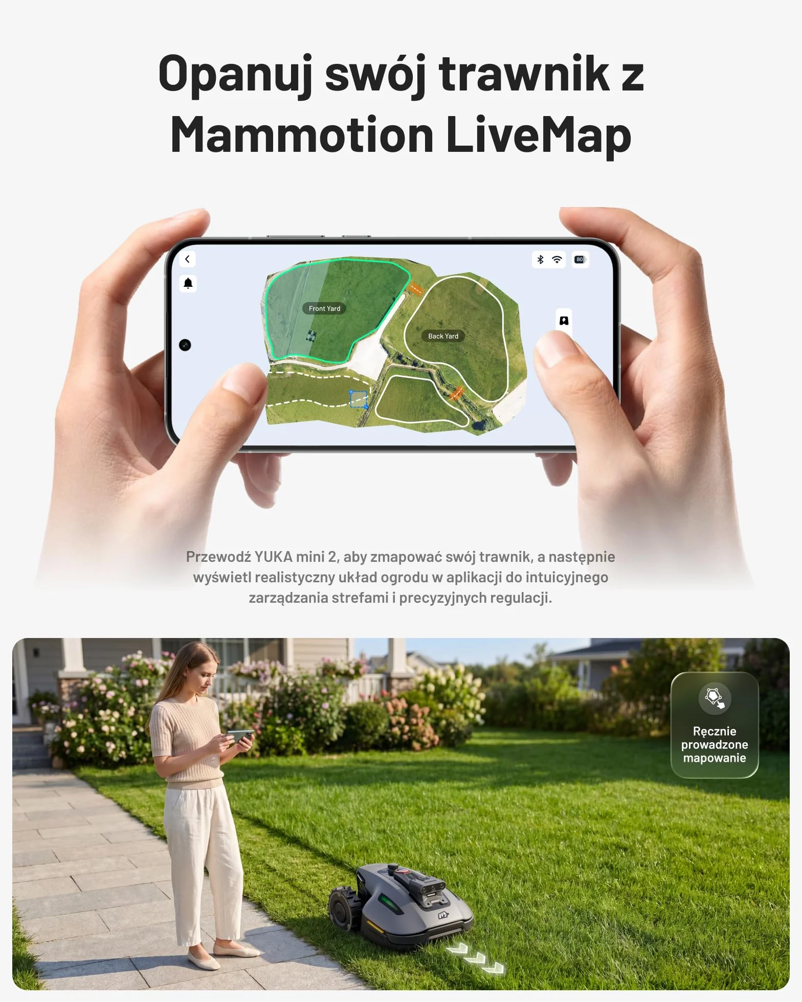 MAMMOTION YUKA mini 2 500 Robot koszący bez przewodu obwodowego, do 500 m², Tri-Cam AI Vision,BRAK RTK, brak przerw w sygnale, automatyczne mapowanie wielu stref, DropMow, ręczna edycja mapy