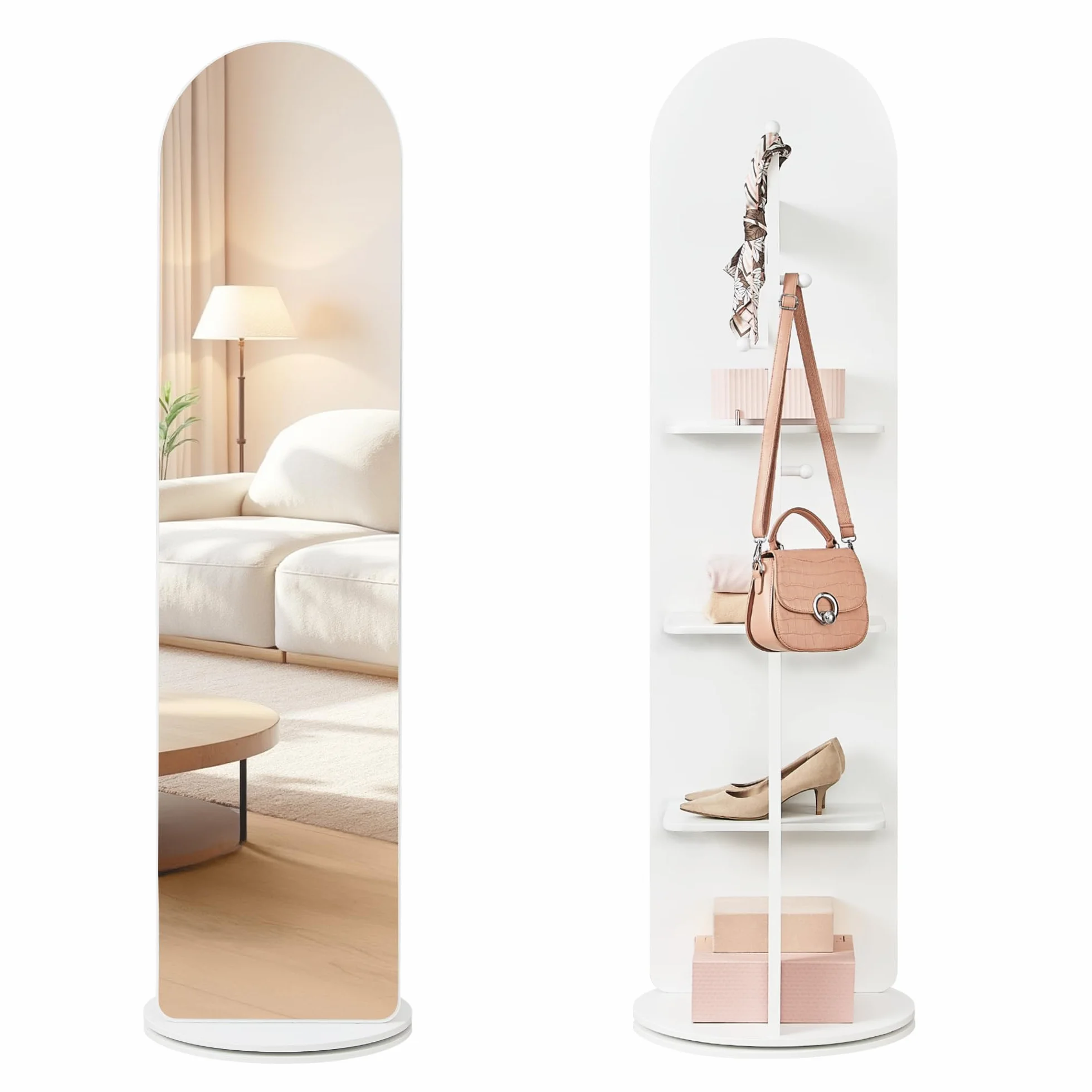 SONGMICS Lustro stojące, obracane o 360°, 163 x 45 cm, z cokołem, półkami i haczykami, przezroczyste szkło hartowane, do sypialni, salonu, lustro wypukłe, białe chmury LFM037WB01