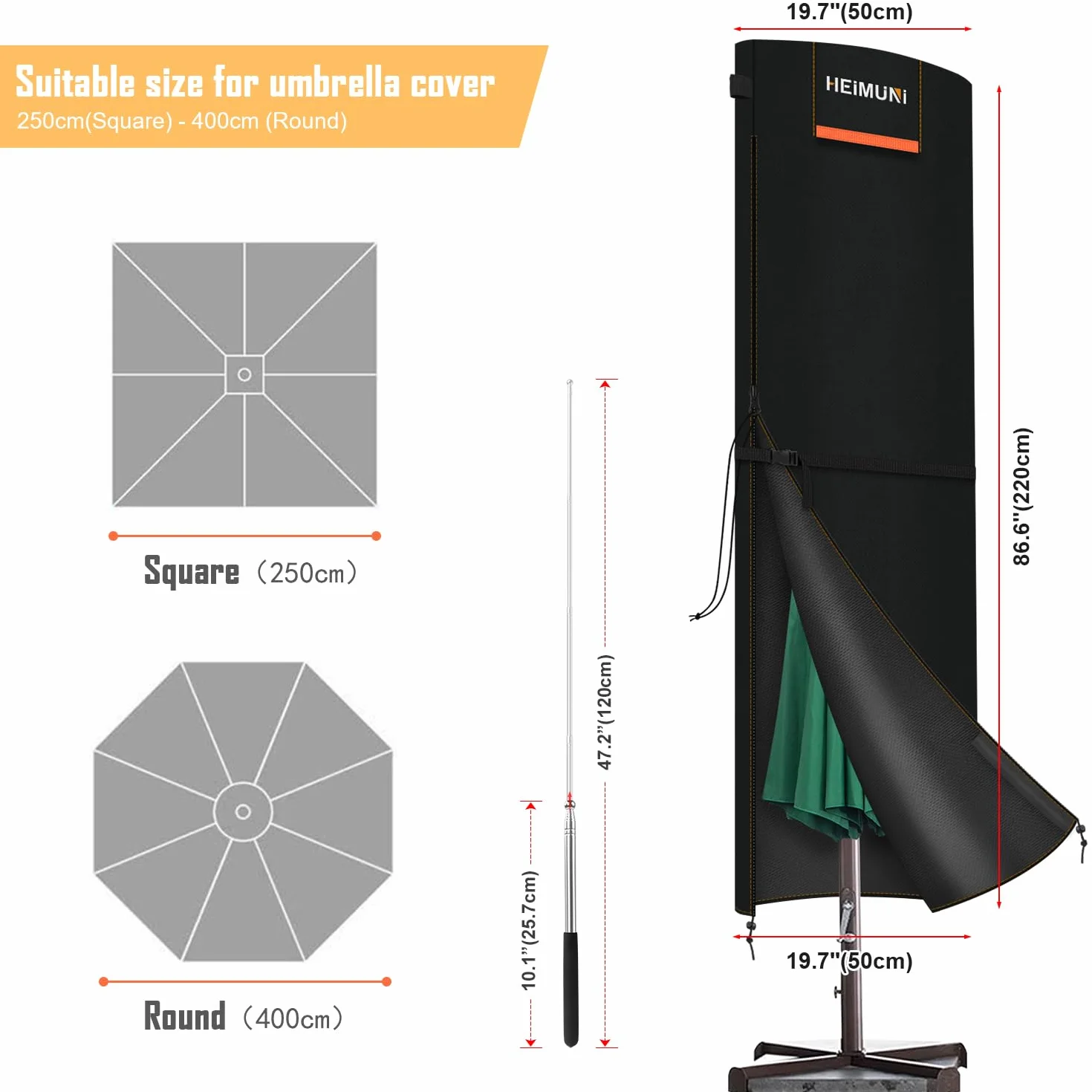 Pokrowiec Ochronny na Parasol z Zamkiem Błyskawicznym, Osłona Parasola Parasolowego Ø 2-4 m, Osłona Parasola Ogrodowego, Pokrowiec Ochronny na Parasol Przeciwsłoneczny, 220 x 50 cm/50cm