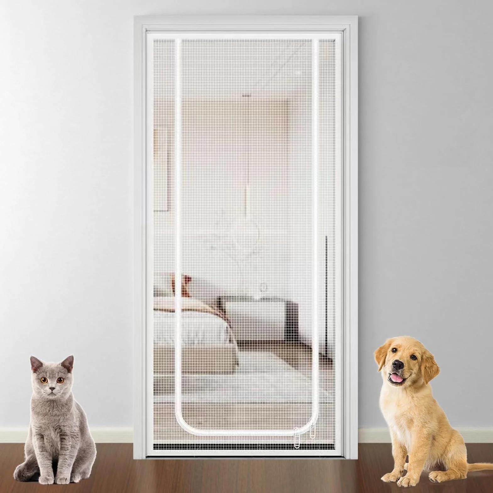Zasłona na drzwi dla kota, 90 x 220 cm, z zamkiem błyskawicznym, wzmocniona siatka odporna na kota, wytrzymała zasłona przeciw komarom, moskitiera dla zwierząt domowych
