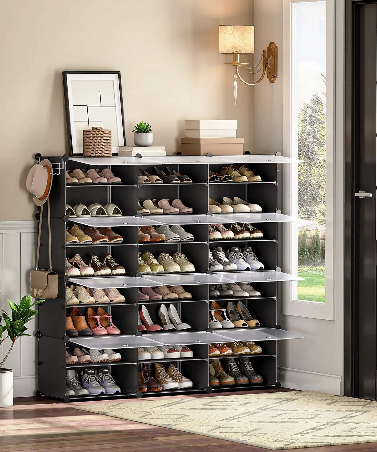 HOOBRO Regał na buty z 12 przegródkami, szafka na buty na 48 par butów, 40 x 30 x 30 cm na przegródkę, wąski, z drzwiami, tworzywo sztuczne, do salonu, sypialni, korytarza, wejścia, czarny EBK38SC01G1