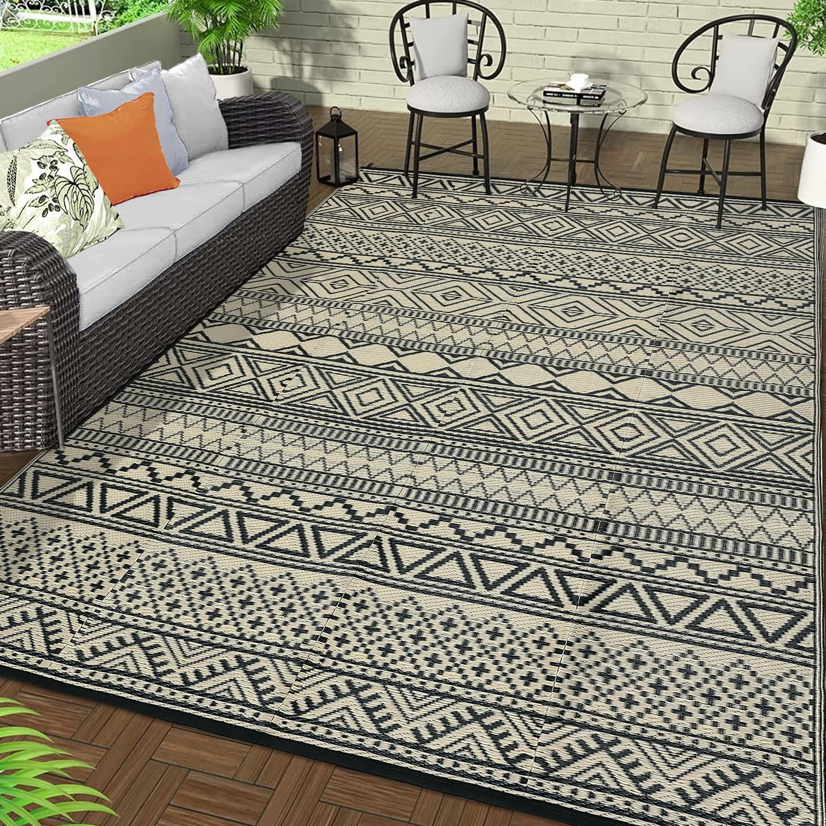Dywan zewnętrzny na patio, wodoodporny, dwustronny, plastikowy, słomkowy, lekki, składany dywanik zewnętrzny do kampera, kampera, werandy, balkonu, podwórka, pikniku, czarny/kawowy